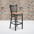 2 Pk. Black Vertical Back Metal Restaurant Barstool - Natural Wood Seat