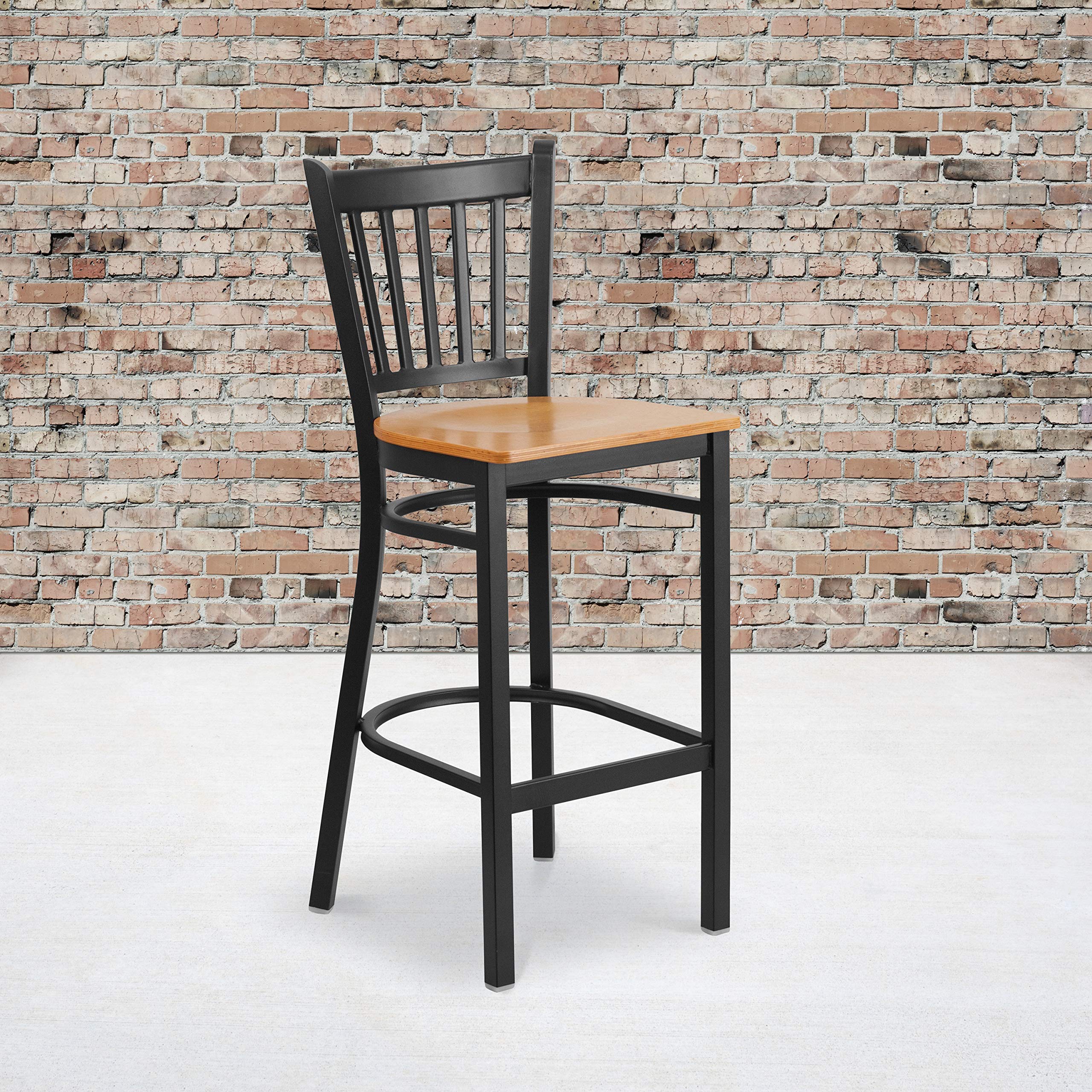 2 Pk. Black Vertical Back Metal Restaurant Barstool - Natural Wood Seat