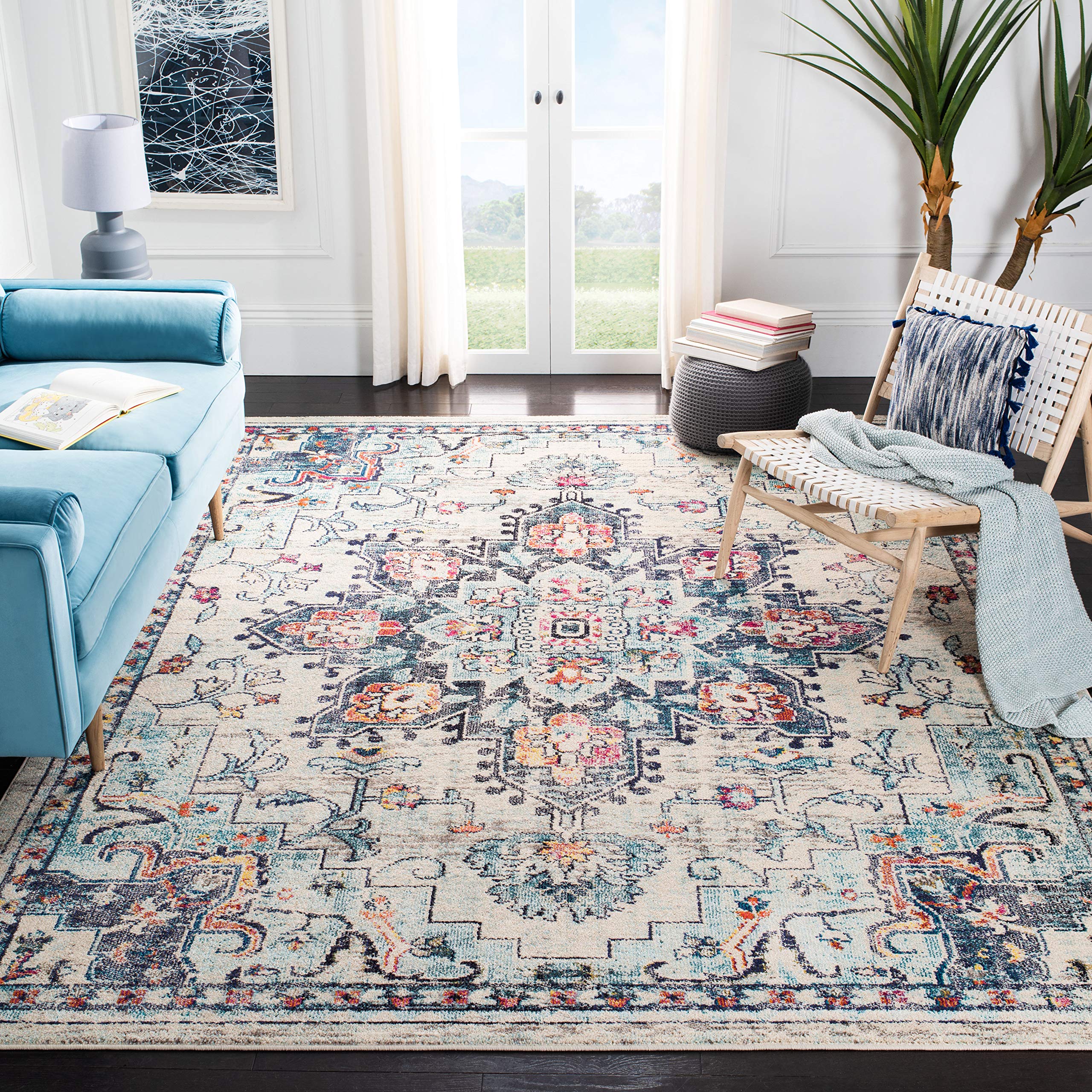 SAFAVIEH Madison Collection X-Large Area Rug - 12 x 18, Cream & Blue, Boho Chic Medallion Distressed Design, Non-Shedding & Ea