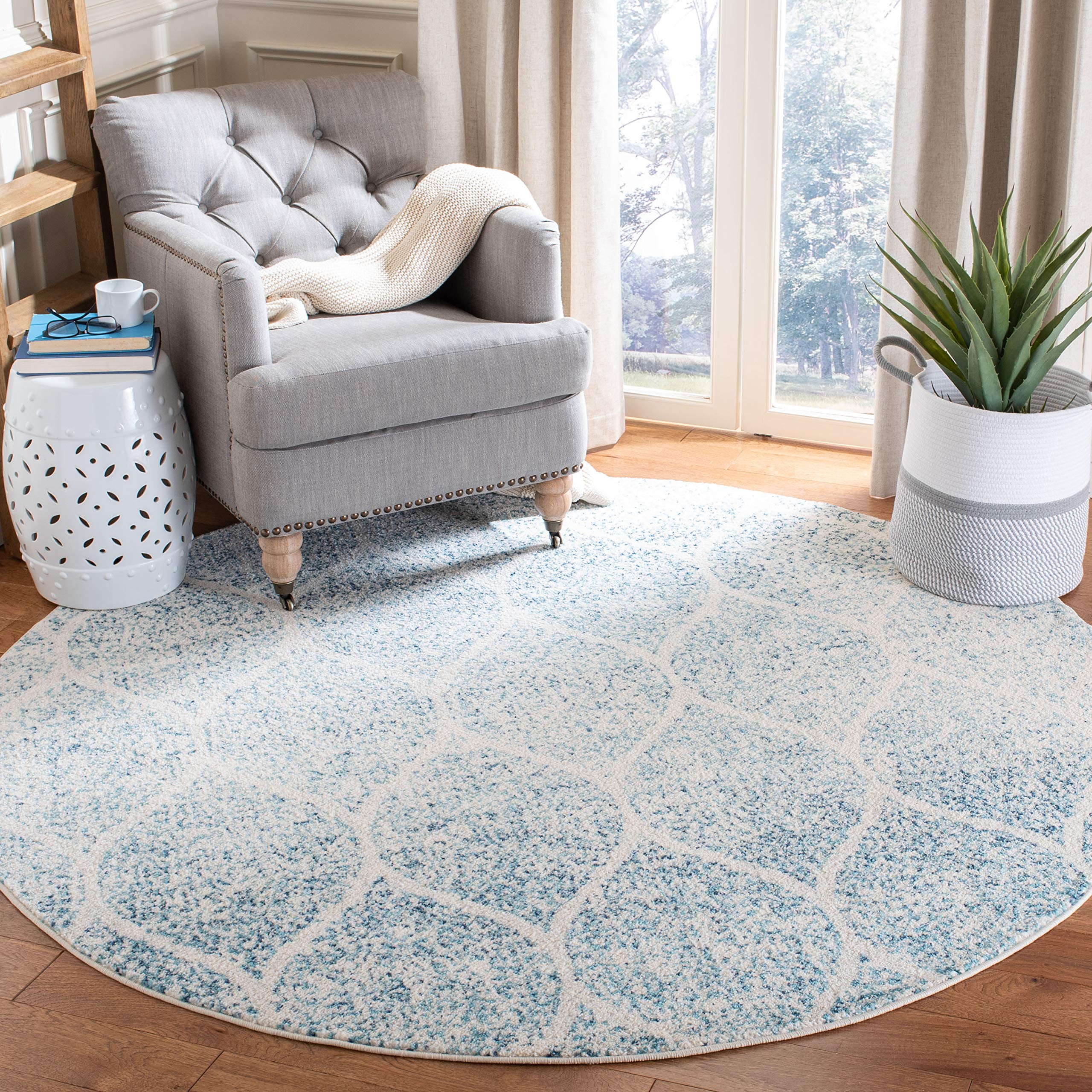 SAFAVIEH Madison Collection Area Rug - 53 Round, Cream & Turquoise, Glam Ogee Trellis Distressed Design, Non-Shedding & Easy Ca