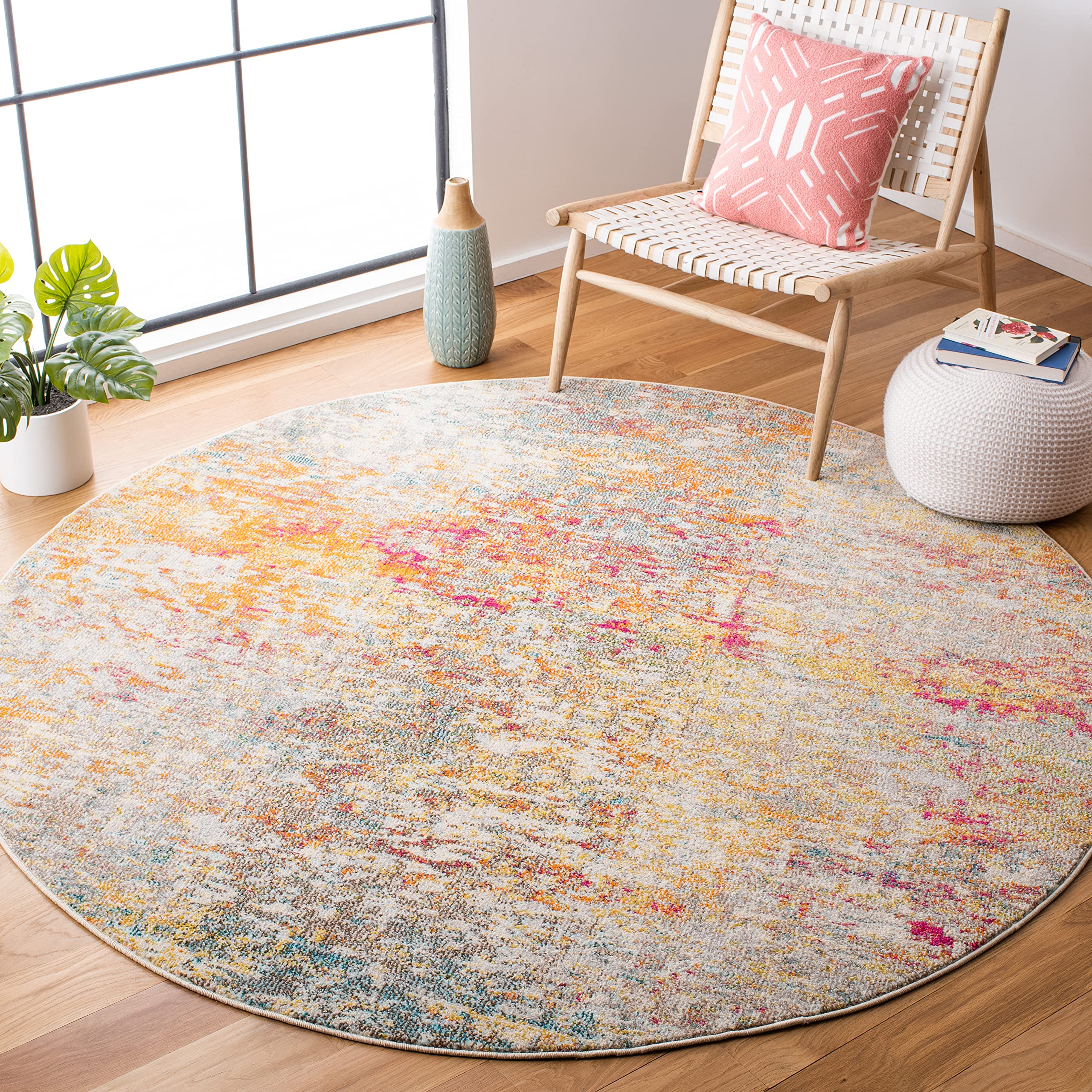 SAFAVIEH Madison Collection Area Rug - 67 Round, Grey & Turquoise, Modern Abstract Design, Non-Shedding & Easy Care, Ideal for 