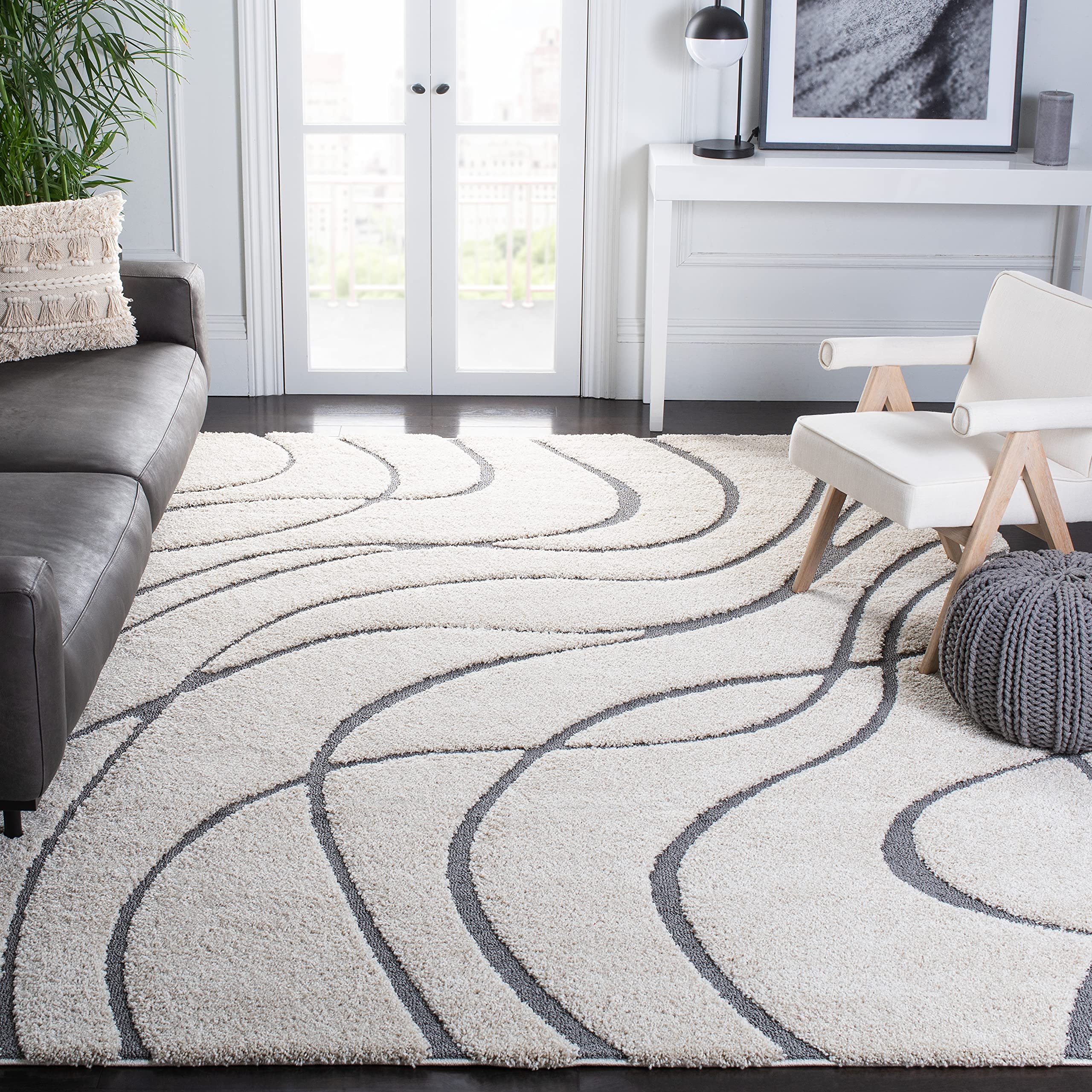 Safavieh Florida Shag Collection 8 Square Cream/Grey SG471 Abstract Wave Non-Shedding Living Room Bedroom 1.2-inch Thick Area R