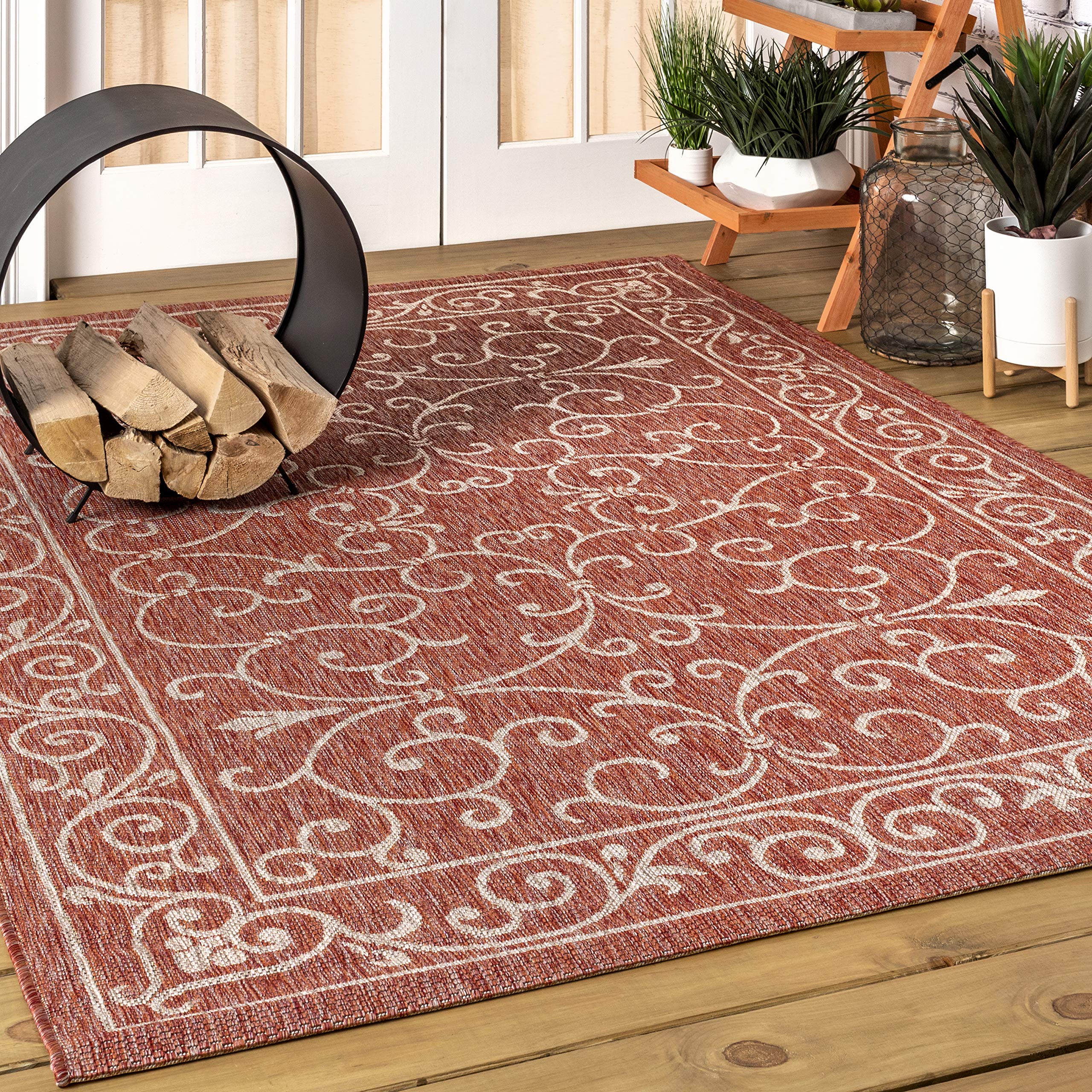 JONATHAN Y SMB106B-6 Charleston Vintage Filigree Textured Weave Red/Beige 6 ft. x 9 ft. Indoor/Outdoor Area Rug, Pet Friendly, N