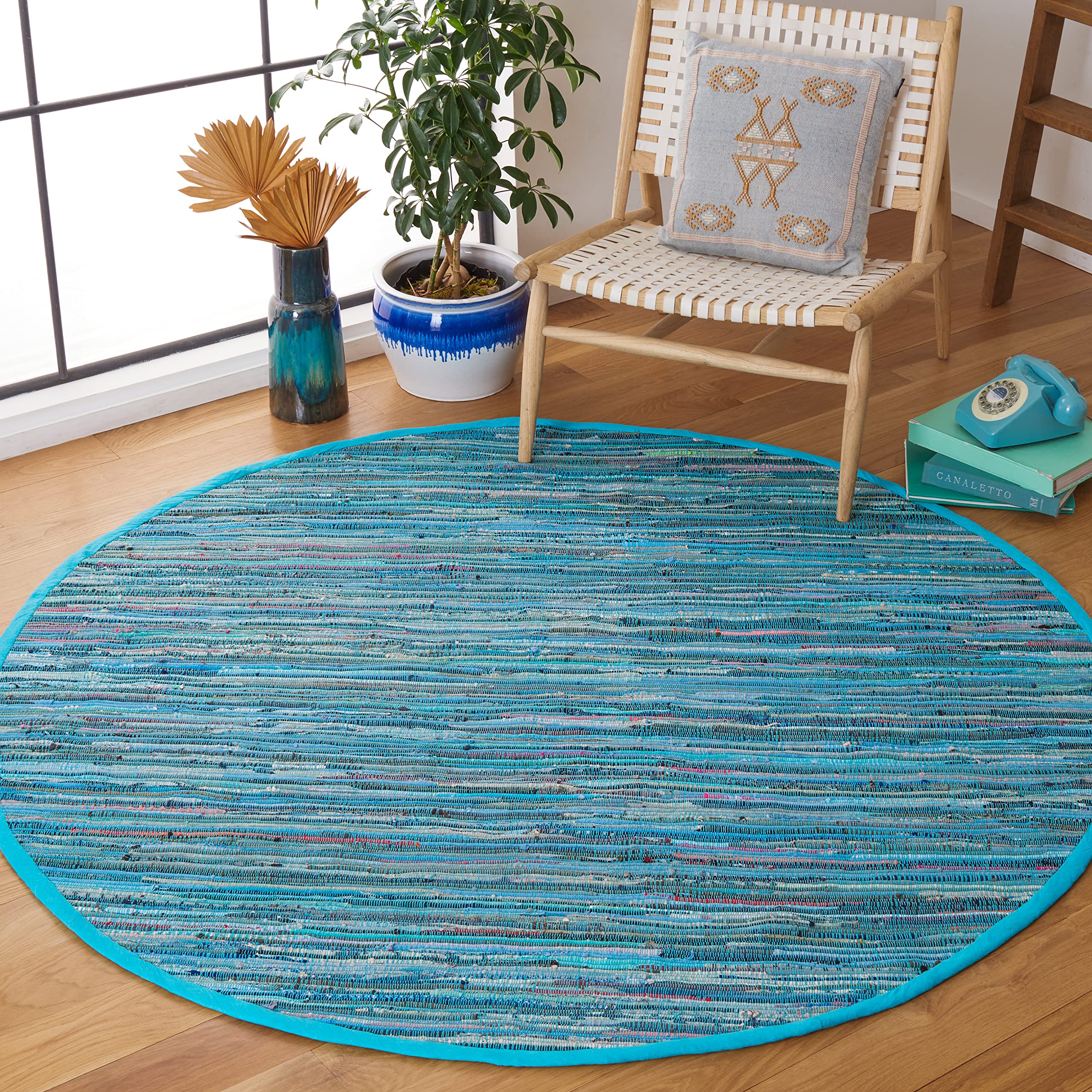 SAFAVIEH Rag Rug Collection Area Rug - 6 Round, Blue & Multi, Handmade Boho Stripe Cotton, Ideal for High Traffic Areas in Livi