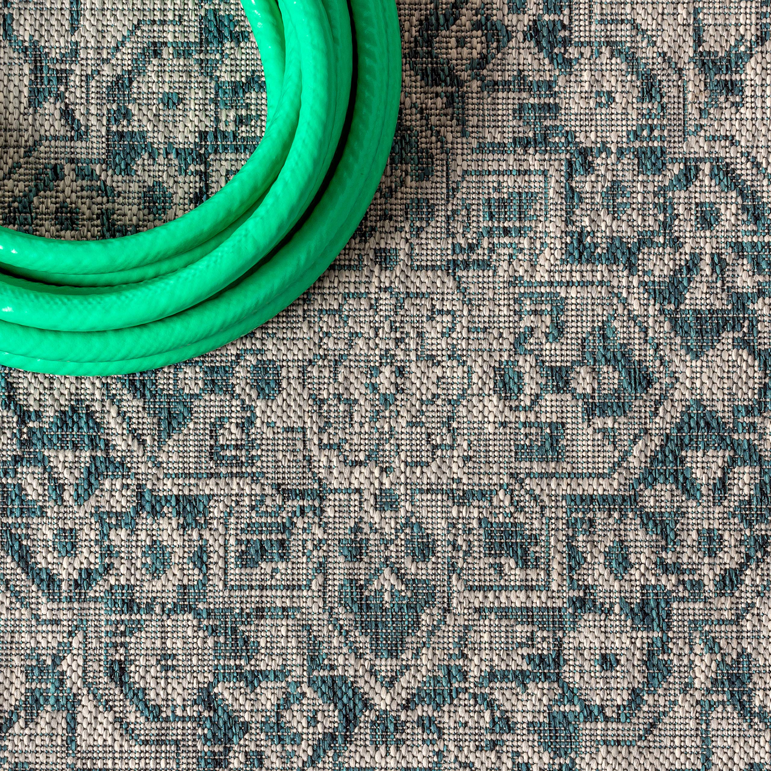 Jonathan Y Smb102C-5R Rozetta Boho Medallion Textured Weave Indoor Outdoor Area Rug Coastal Bohemian Rustic Glam Easy Cleaning Bedroom Kitchen Backyard Patio Non Shedding, 5' Round, Gray/Teal