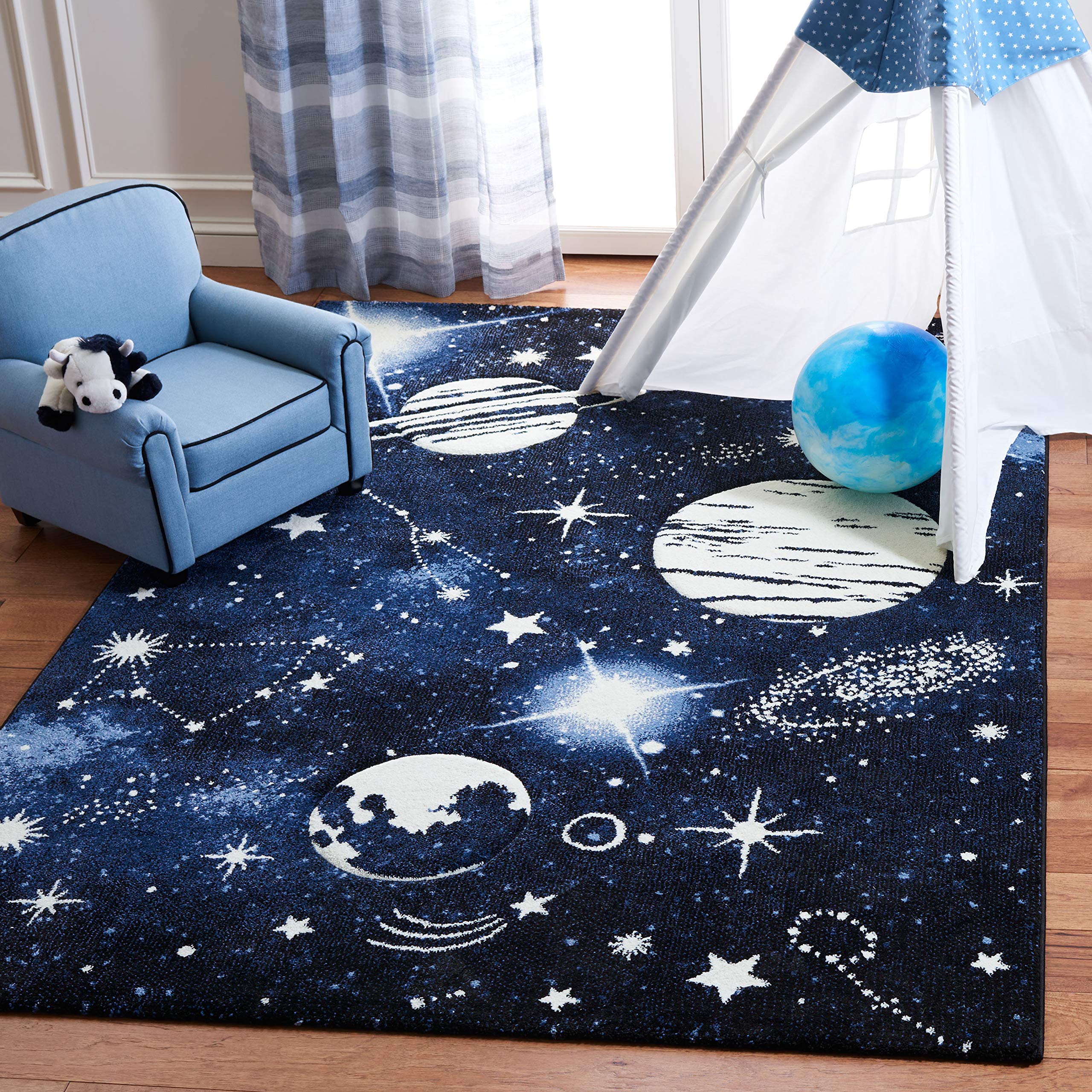 Safavieh Carousel Kids Collection 3 Square Dark Blue/Light Blue CRK122M Outer Space Non-Shedding Nursery Playroom Area Rug
