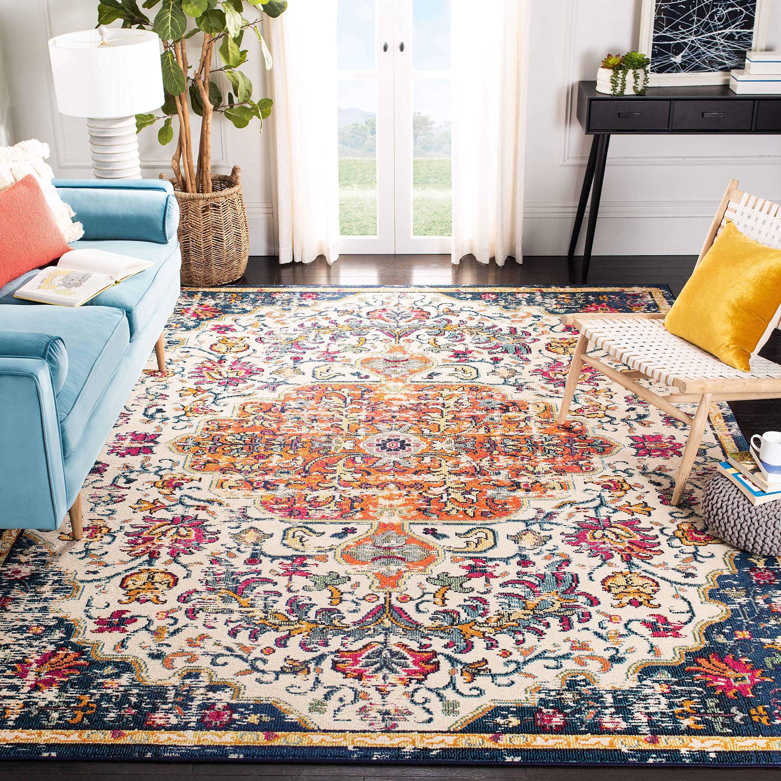 SAFAVIEH Madison Collection Area Rug - 9 x 12, Ivory & Orange, Boho Chic Medallion Distressed Design, Non-Shedding & Easy Care