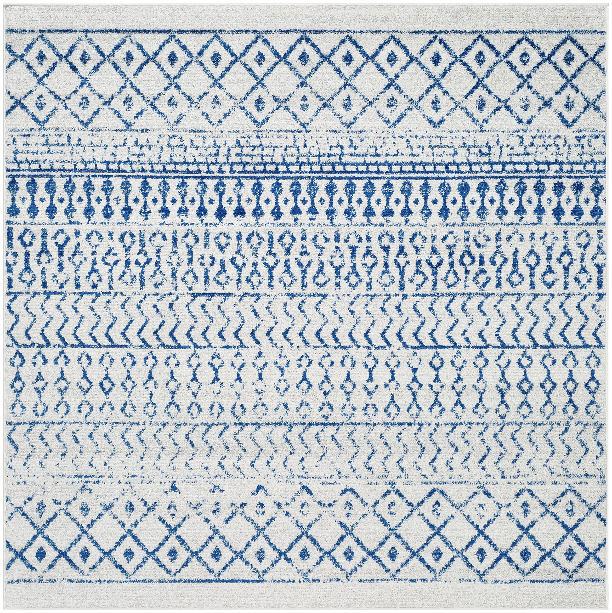 Livabliss Chester Boho Moroccan Area Rug, 7'10'' Square, Cream/Royal Blue