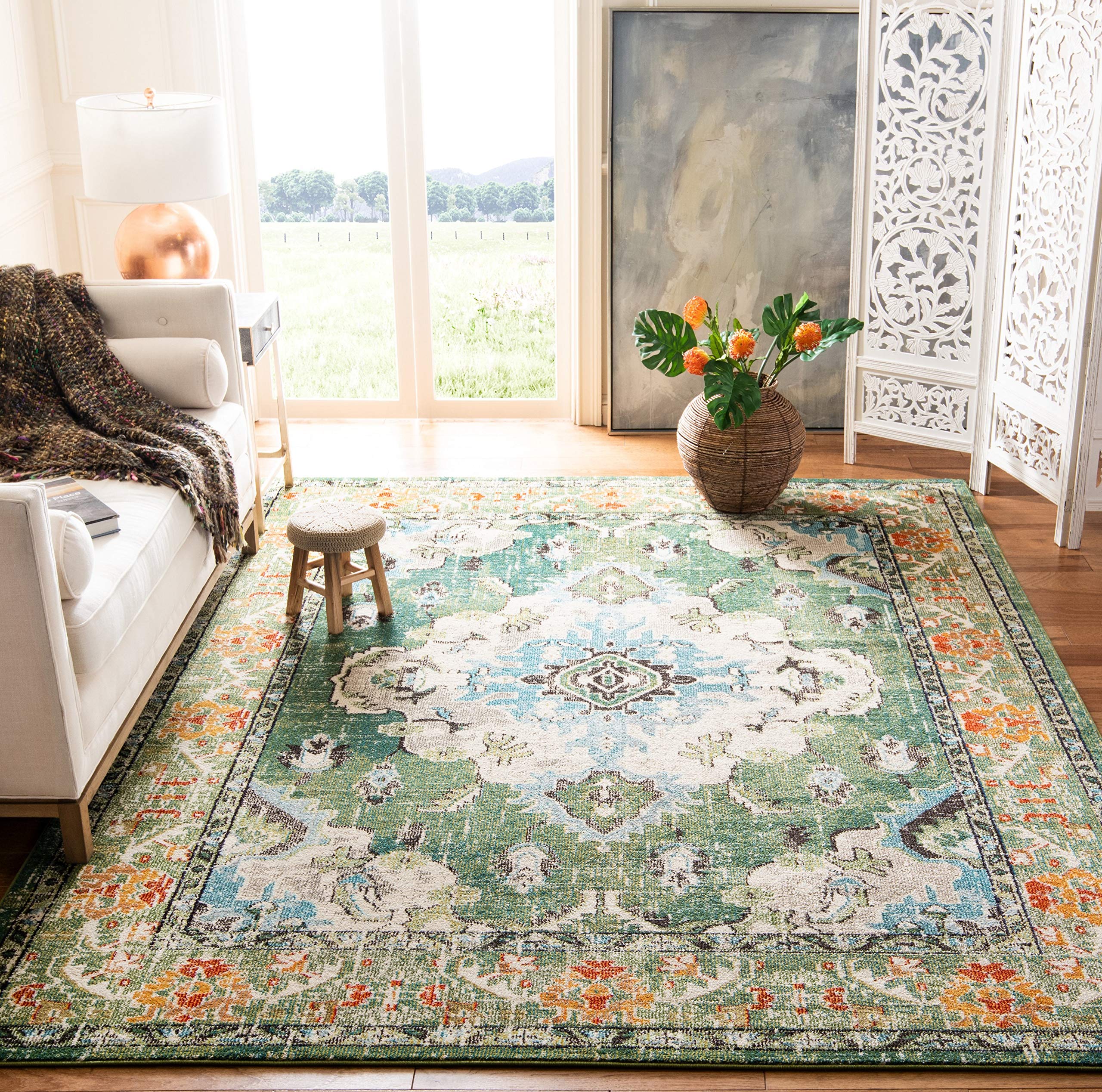 SAFAVIEH Monaco Collection X-Large Area Rug - 12 x 18, Forest Green & Light Blue, Medallion Distressed, Non-Shedding & Easy Ca