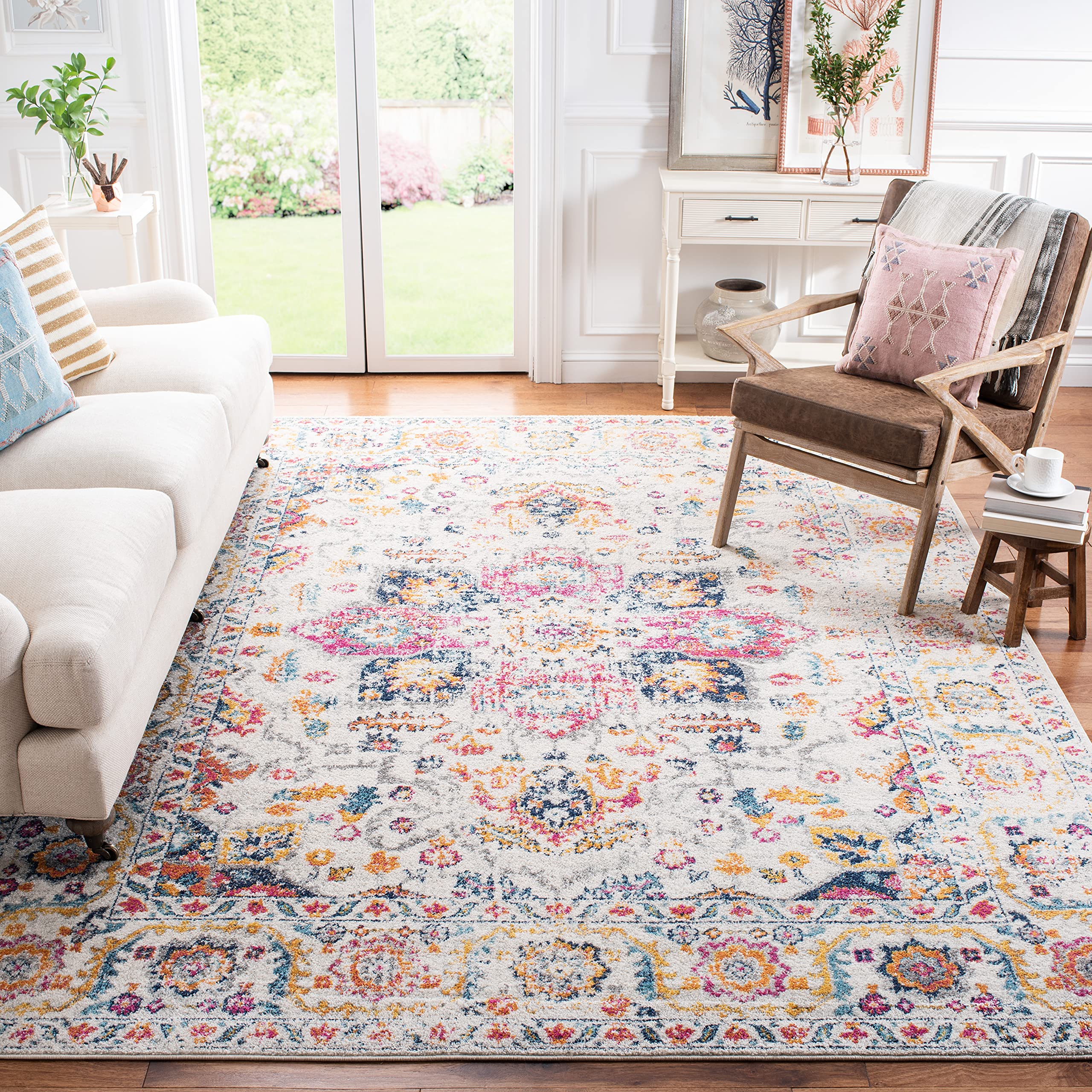 SAFAVIEH Madison Collection X-Large Area Rug - 12 x 18, Fuchsia & Ivory, Snowflake Medallion Distressed, Non-Shedding & Easy C