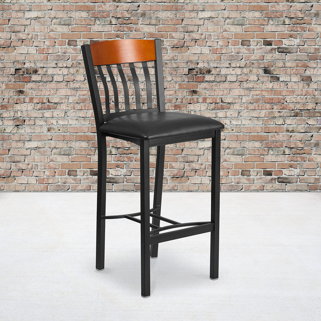 Flash Furniture Eclipse Series Vertical Back Black Metal And Cherry Wood Restaurant Barstool With Black Vinyl Seat