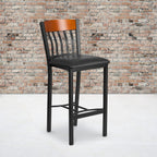 Flash Furniture Eclipse Series Vertical Back Black Metal And Cherry Wood Restaurant Barstool With Black Vinyl Seat