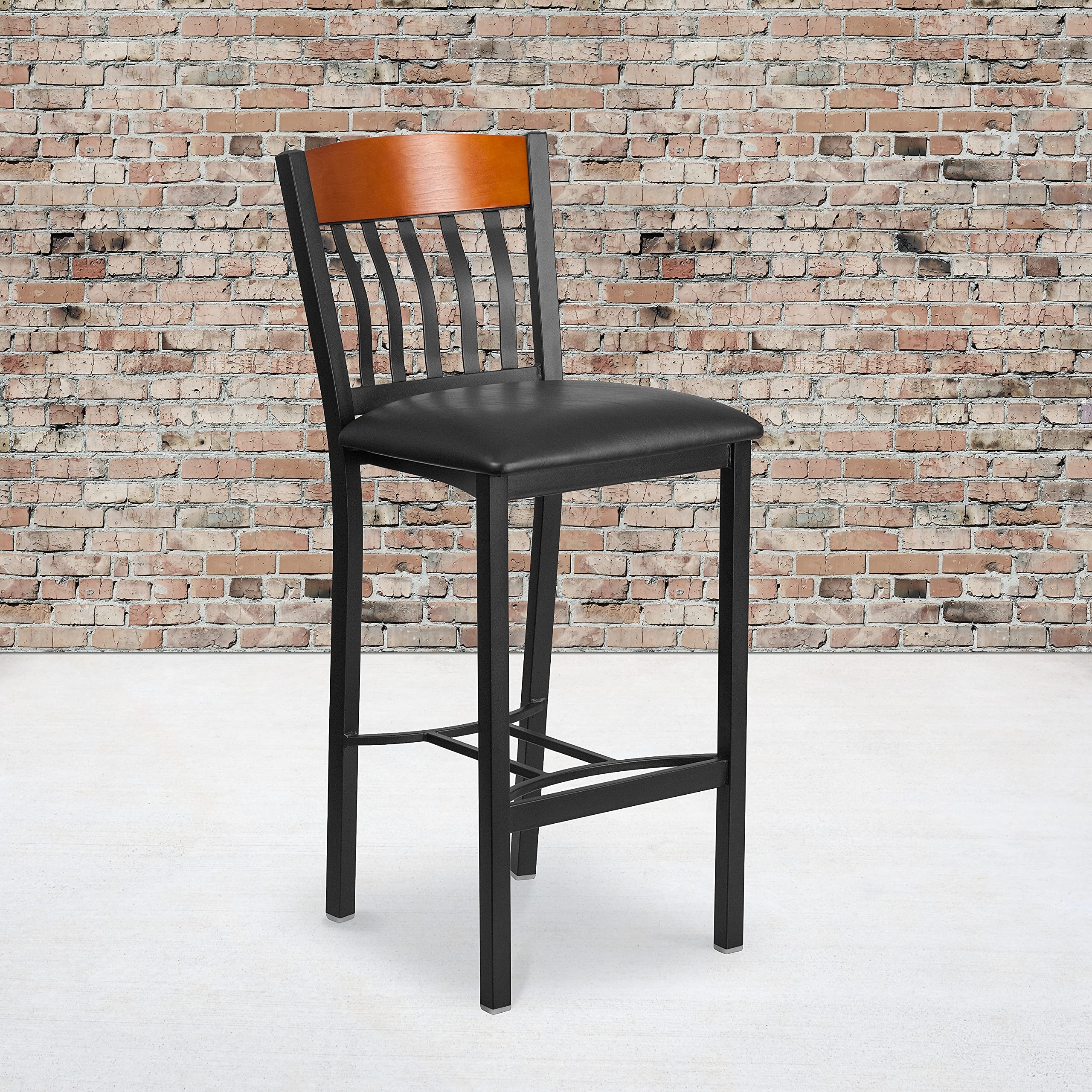 Flash Furniture Eclipse Series Vertical Back Black Metal And Cherry Wood Restaurant Barstool With Black Vinyl Seat