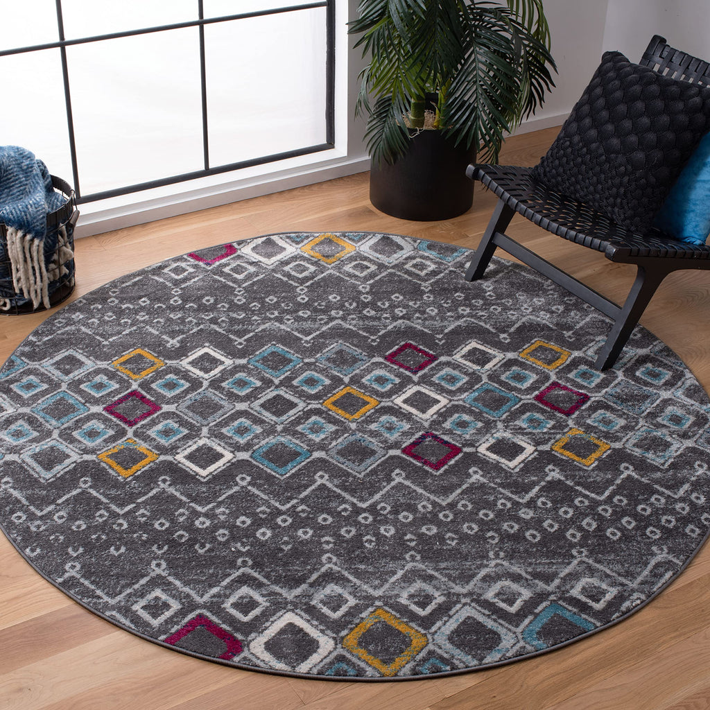 SAFAVIEH Amsterdam Collection 3' Round Dark Grey/Ivory AMS108H Moroccan Boho Non-Shedding Entryway Foyer Living Room Bedroom Kit