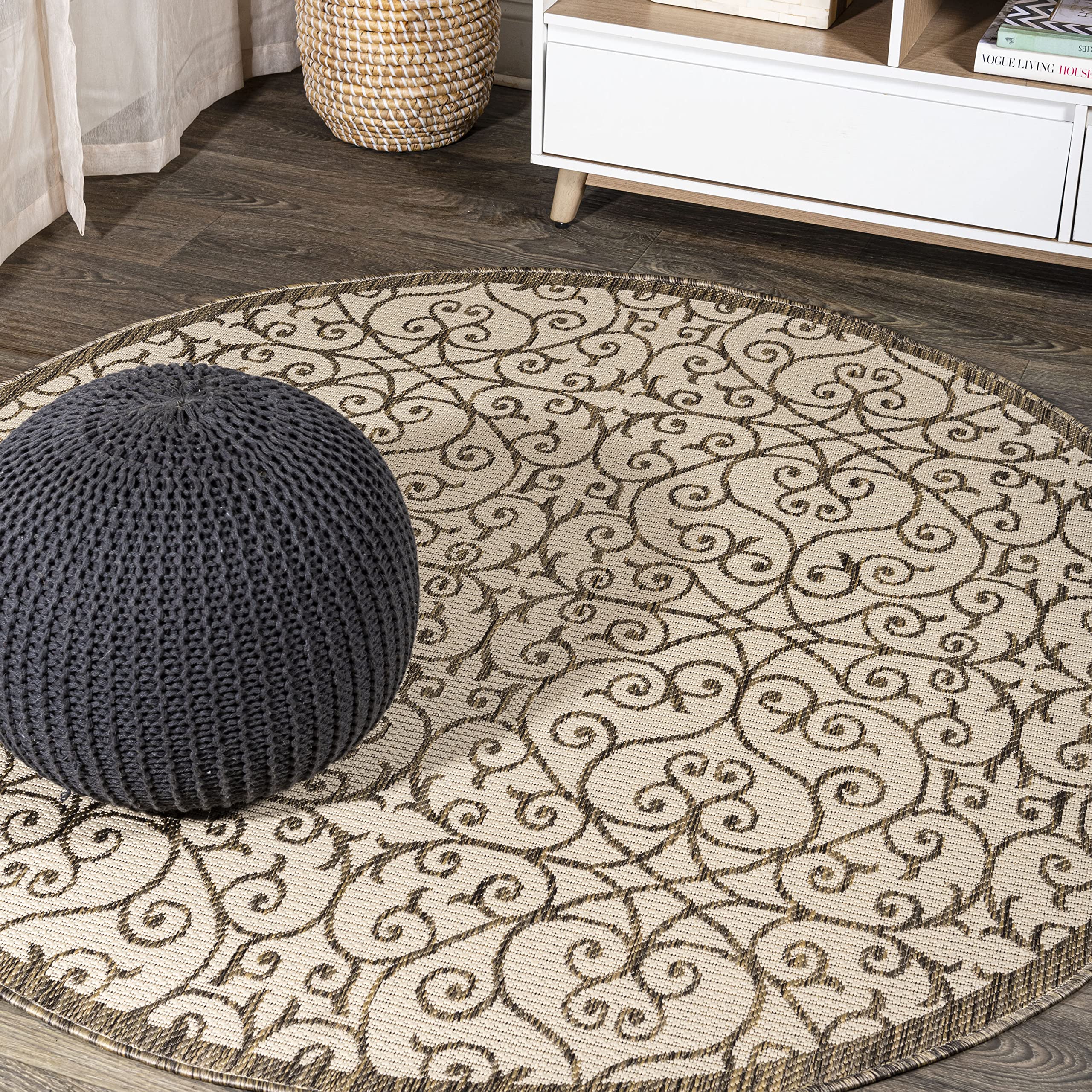 Jonathan Y Smb107B-9R Madrid Vintage Filigree Textured Weave Beige/Brown 9' Round Indoor/Outdoor Area Rug, Pet Friendly, Non-She