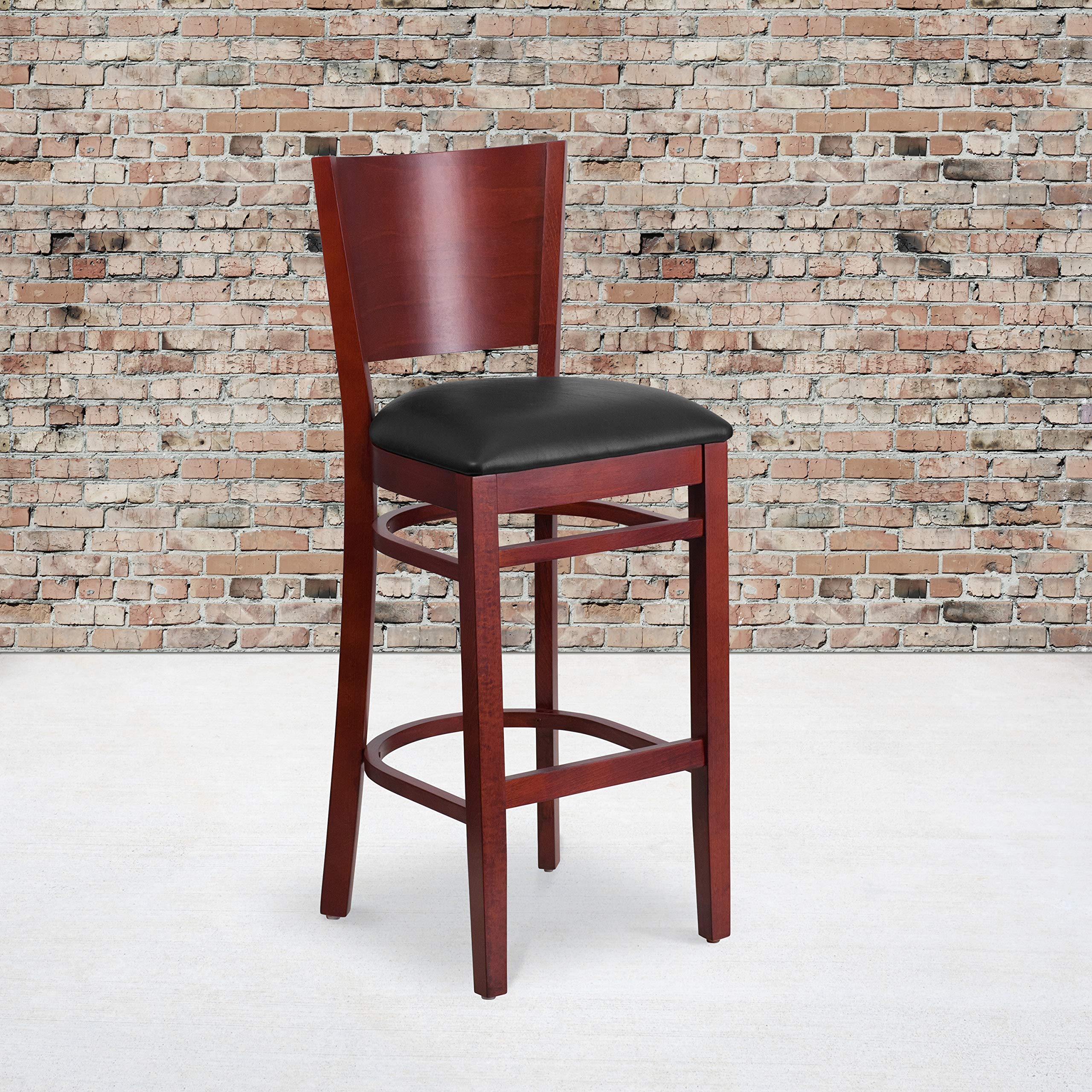 2 Pk. Lacey Series Solid Back Mahogany Wooden Barstool - Black Vinyl Seat