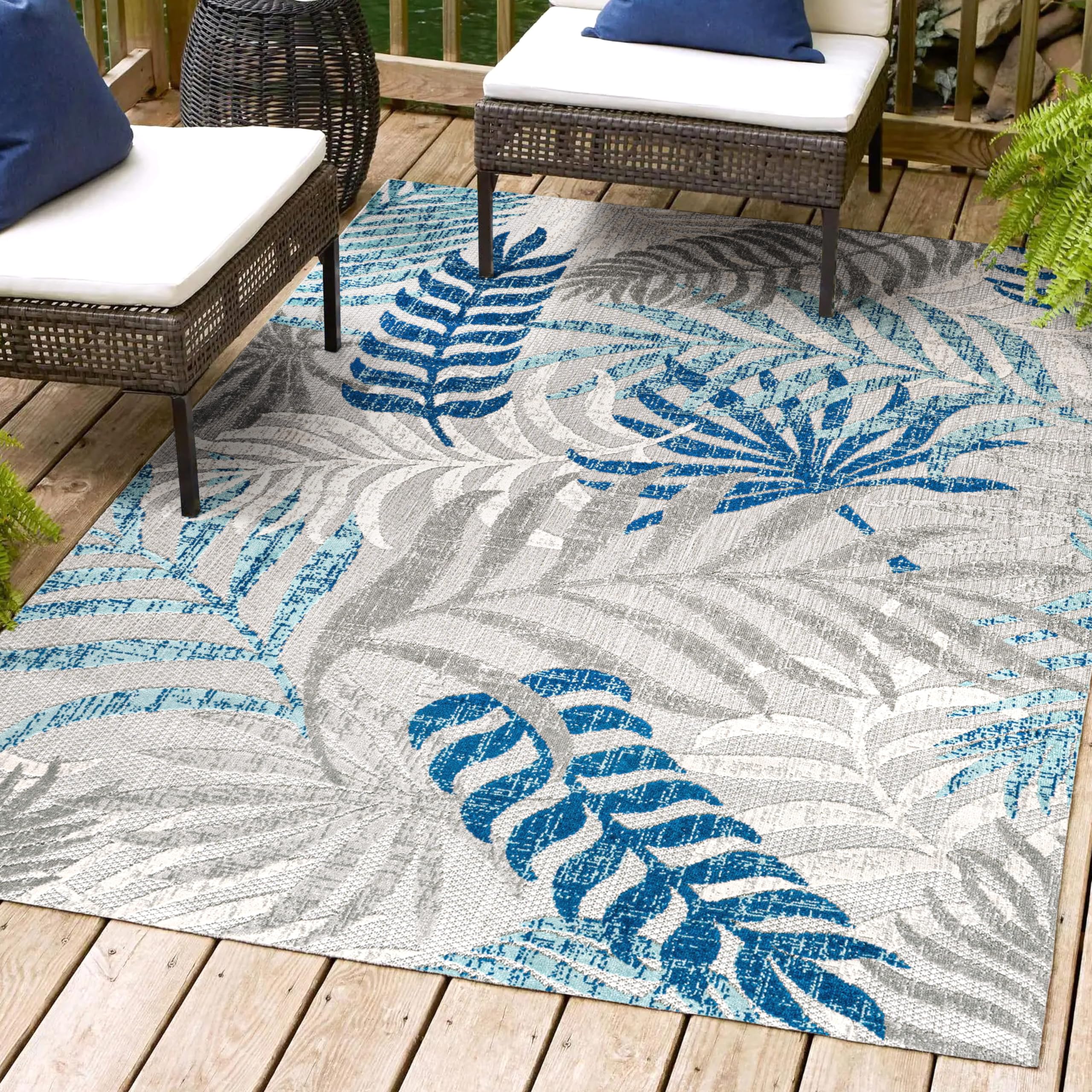 Jonathan Y Amc100A-3 Tropics Palm Leaves Indoor Outdoor Area-Rug Bohemian Floral Easy-Cleaning High Traffic Bedroom Kitchen Backyard Patio Porch Non Shedding, 3 X 5, Gray/Blue