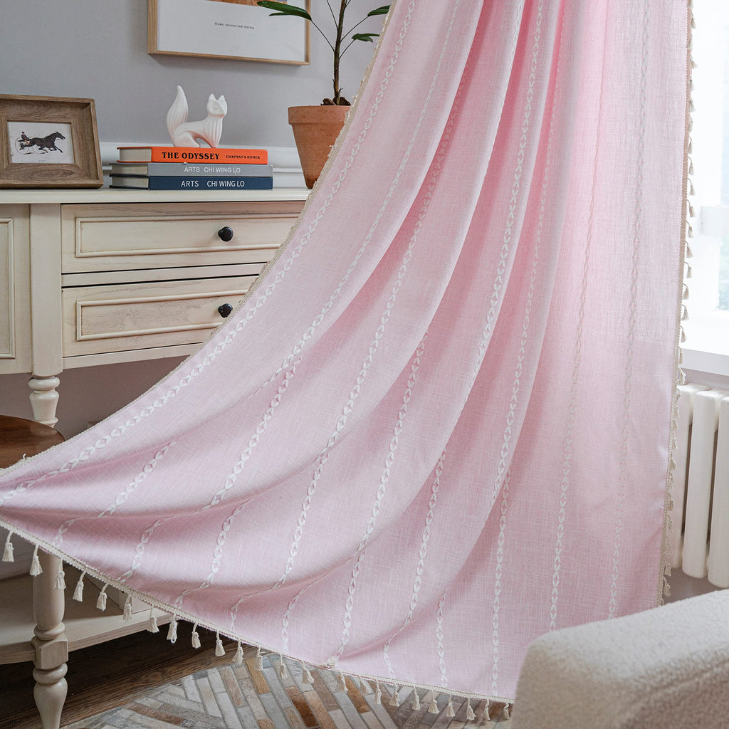 Sutuo Home Boho Curtains For Bedroom 96 Inches Long, Light Filtering Farmhouse Shabby Chic Tassels Window Treatment Bohemian Embroidery Drape, Rod Pocket 1 Panel 52' W X 96' L, Pink