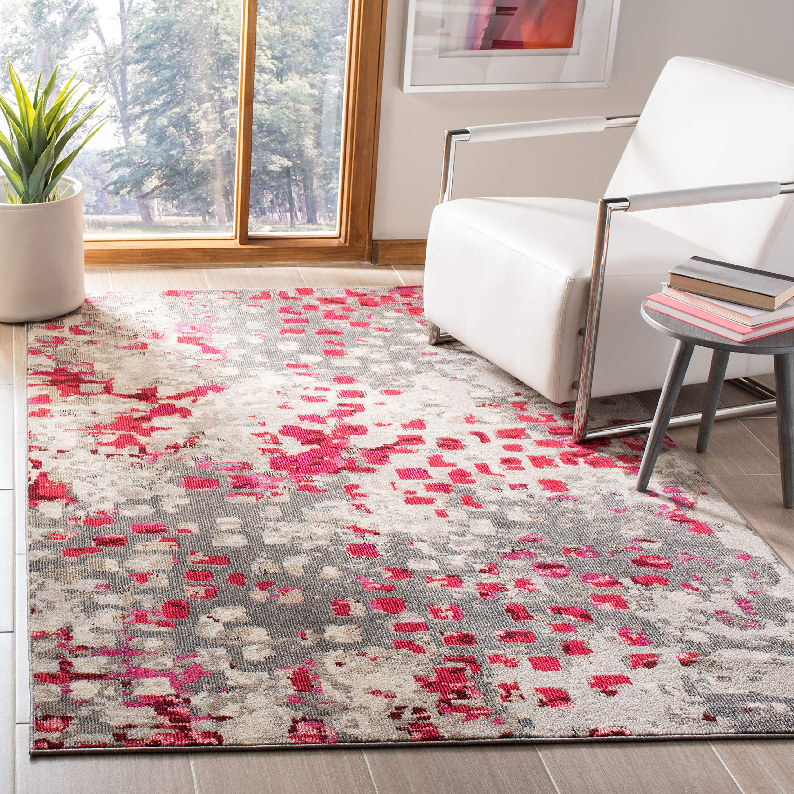 SAFAVIEH Madison Collection 5 Square Grey / Red MAD425R Boho Abstract Distressed Non-Shedding Living Room Bedroom Area Rug