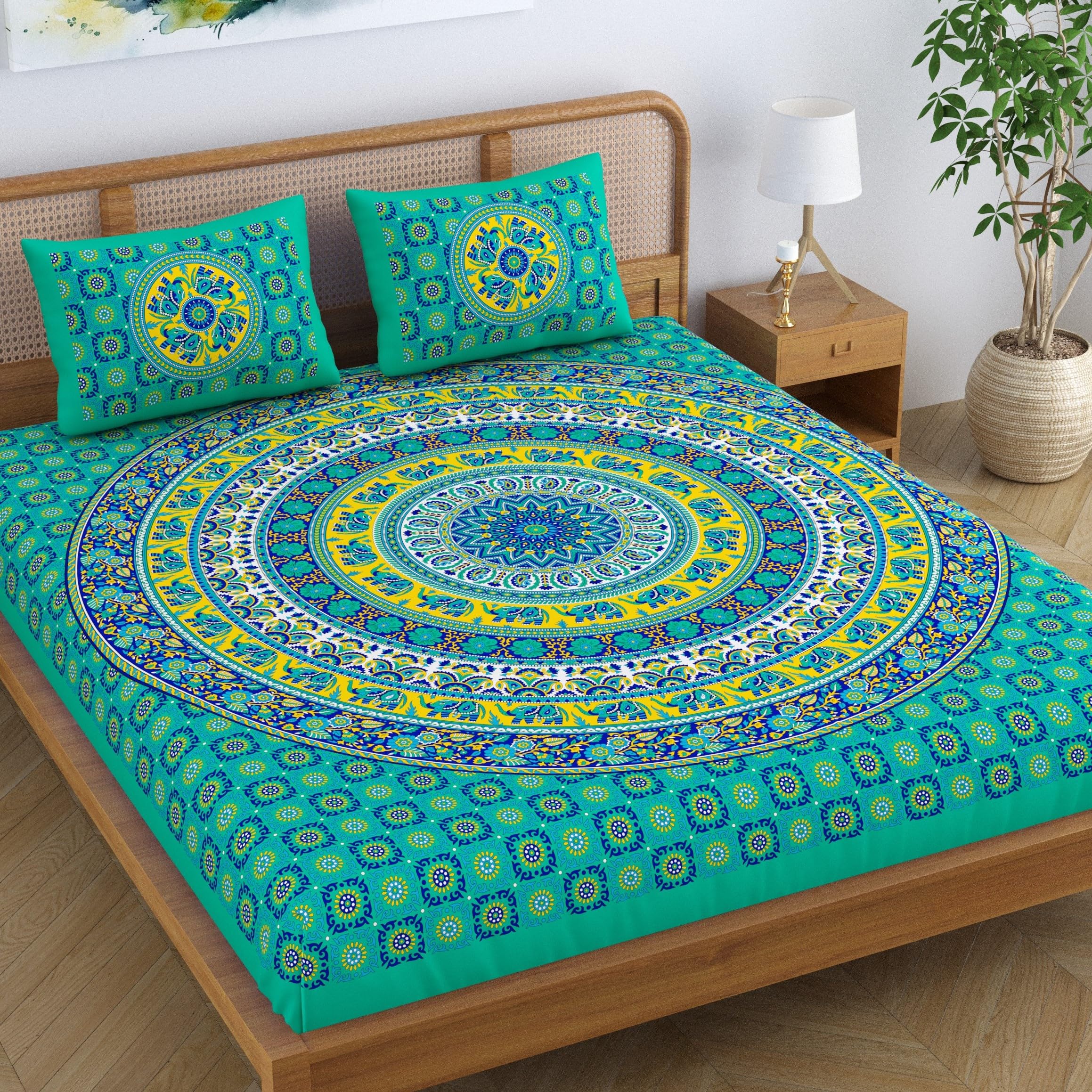 Sheetkart Elephant Mandala 144 Tc 100% Cotton Double King Size Bedsheet With 2 Pillow Covers, Green, Character (228 Cm X 228 Cm)
