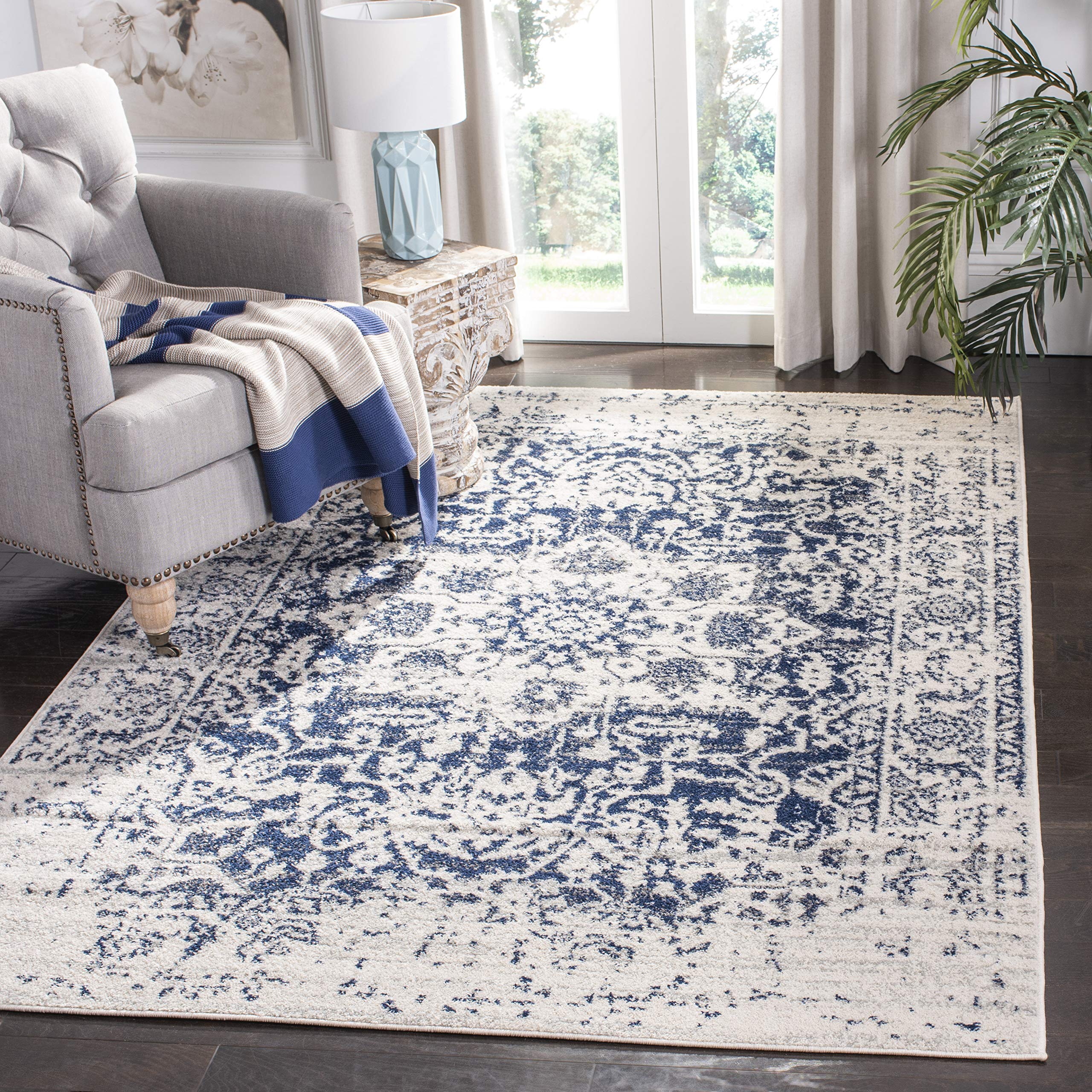 SAFAVIEH Madison Collection Accent Rug - 23 x 4, Cream & Navy, Snowflake Medallion Distressed Design, Non-Shedding & Easy Care