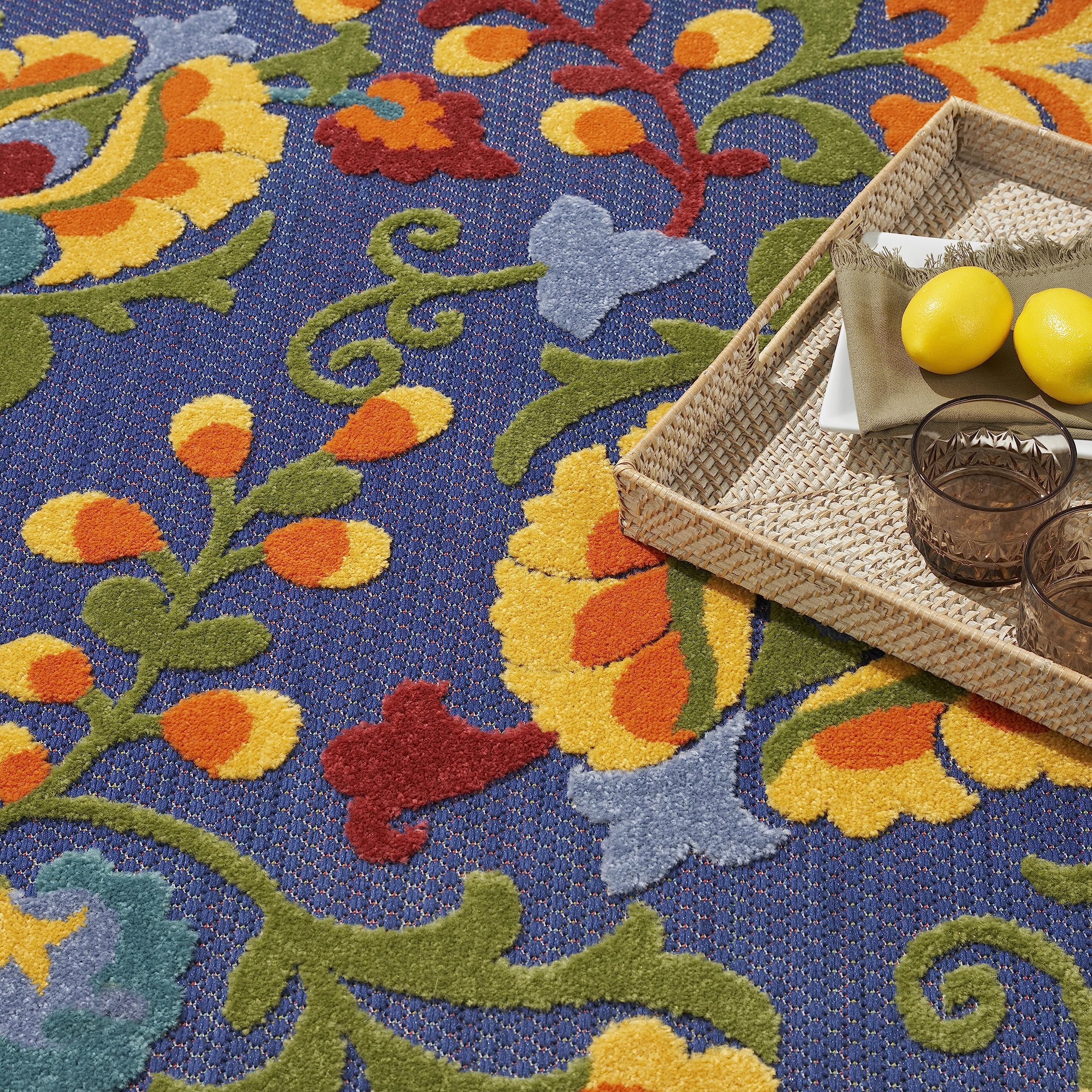 Nourison Aloha Indoor/Outdoor Modern Navy Multicolor 5'3' X 7'5' Area Rug, Easy Cleaning, Non Shedding, Bed Room, Living Room, Dining Room, Backyard, Deck, Patio (5X7)