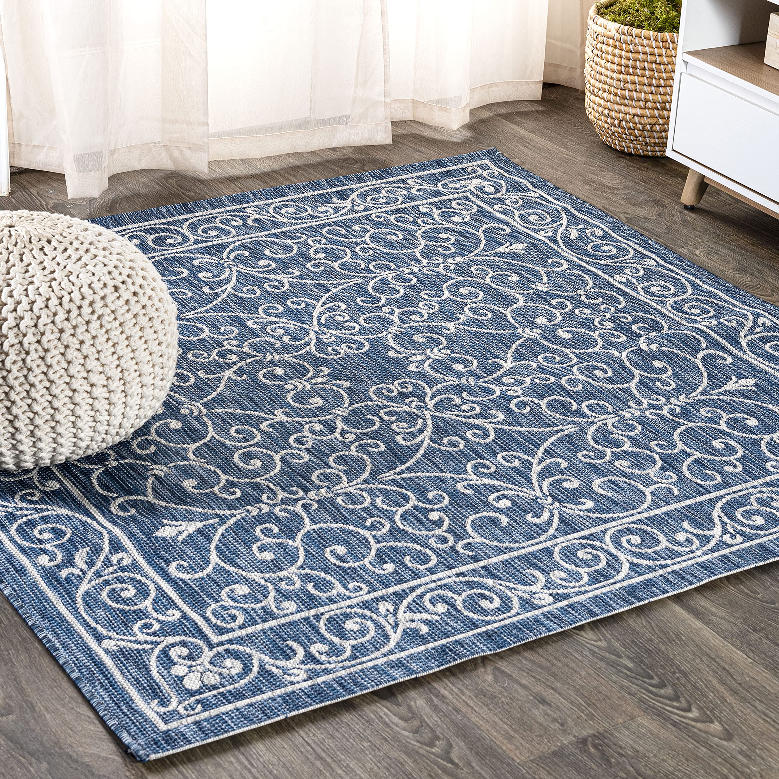 JONATHAN Y SMB106D-8SQ Charleston Vintage Filigree Textured Weave Navy/Gray 8 Square Indoor/Outdoor Area Rug, Pet Friendly, Non