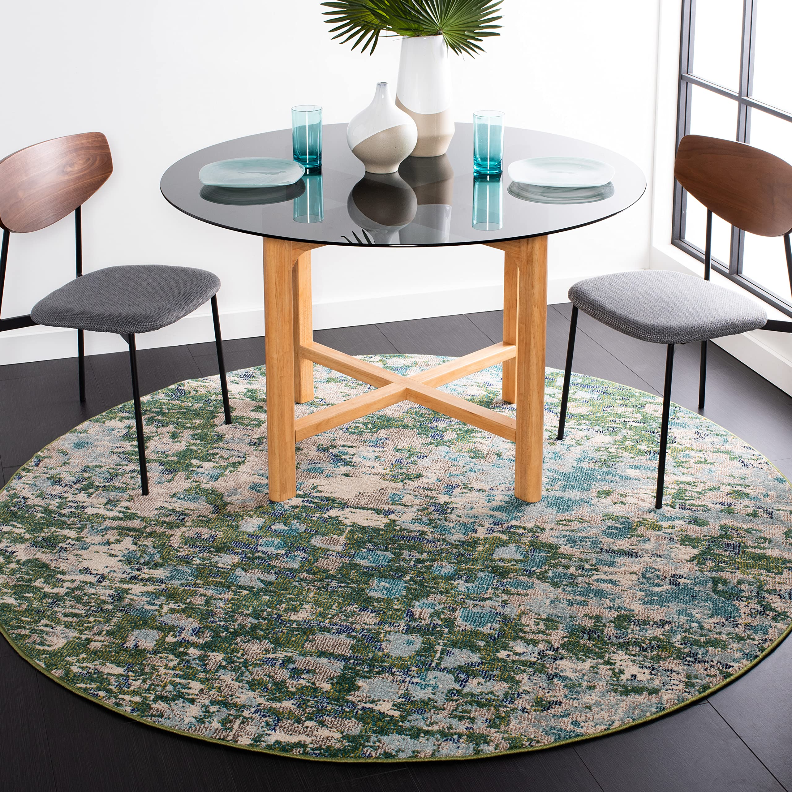 SAFAVIEH Madison Collection 67 Round Green / Turquoise MAD425Y Boho Abstract Distressed Non-Shedding Dining Room Entryway Foyer