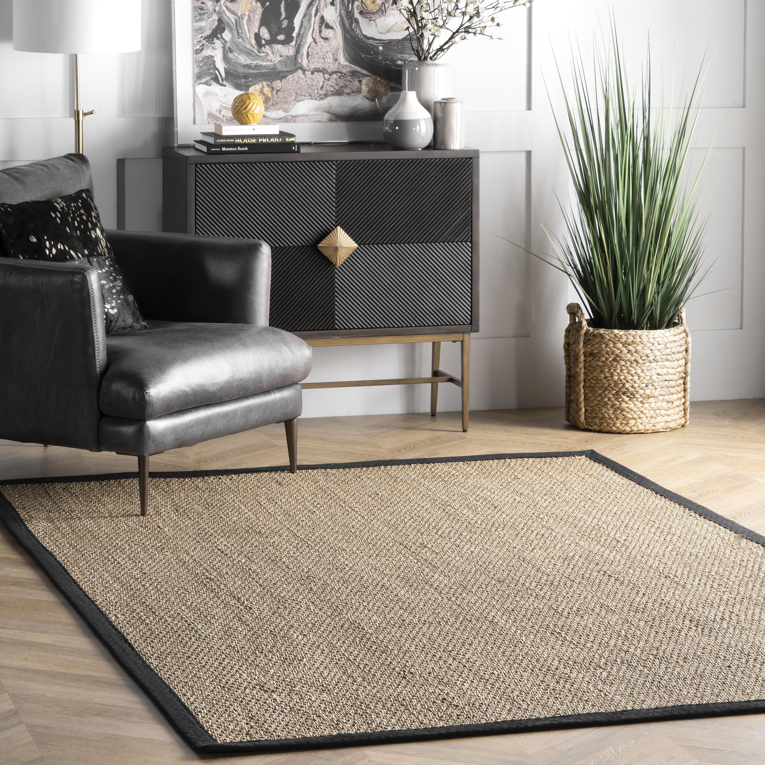 nuLOOM 6x9 Elijah Seagrass Area Rug, Black, Solid Farmhouse Style, Cotton Bordered, Basketweave, Natural Fiber, For Bedroom, Din