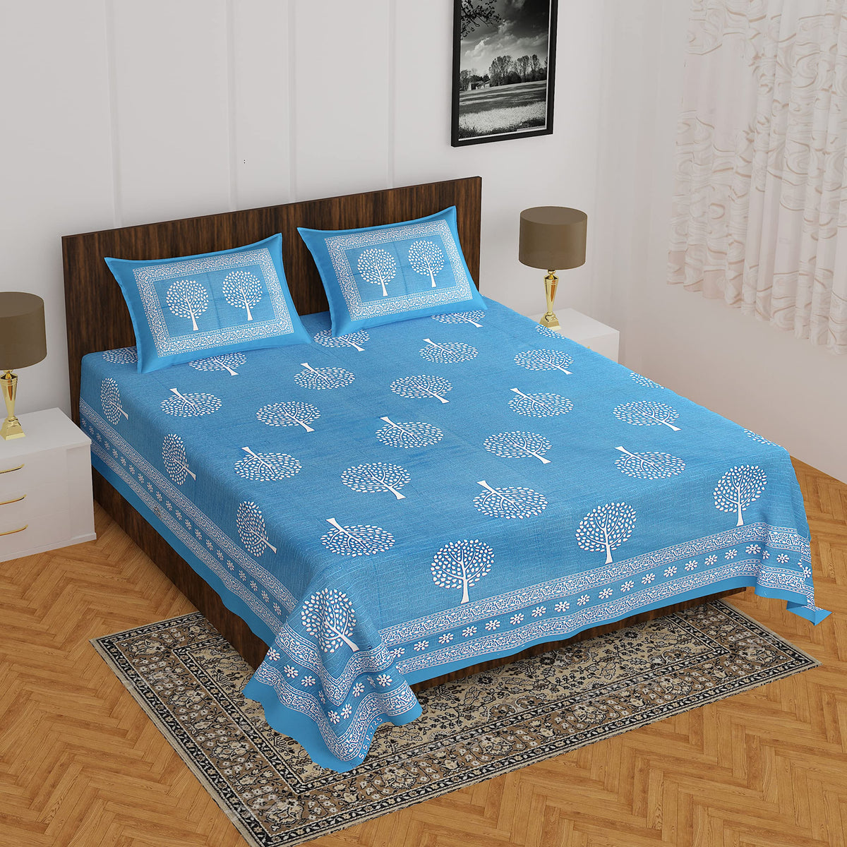Home@shop 144 TC Cotton Rajasthani Jaipuri Traditional Double Paisley Bedsheet with 2 Pillow Covers (King Size, Blue)