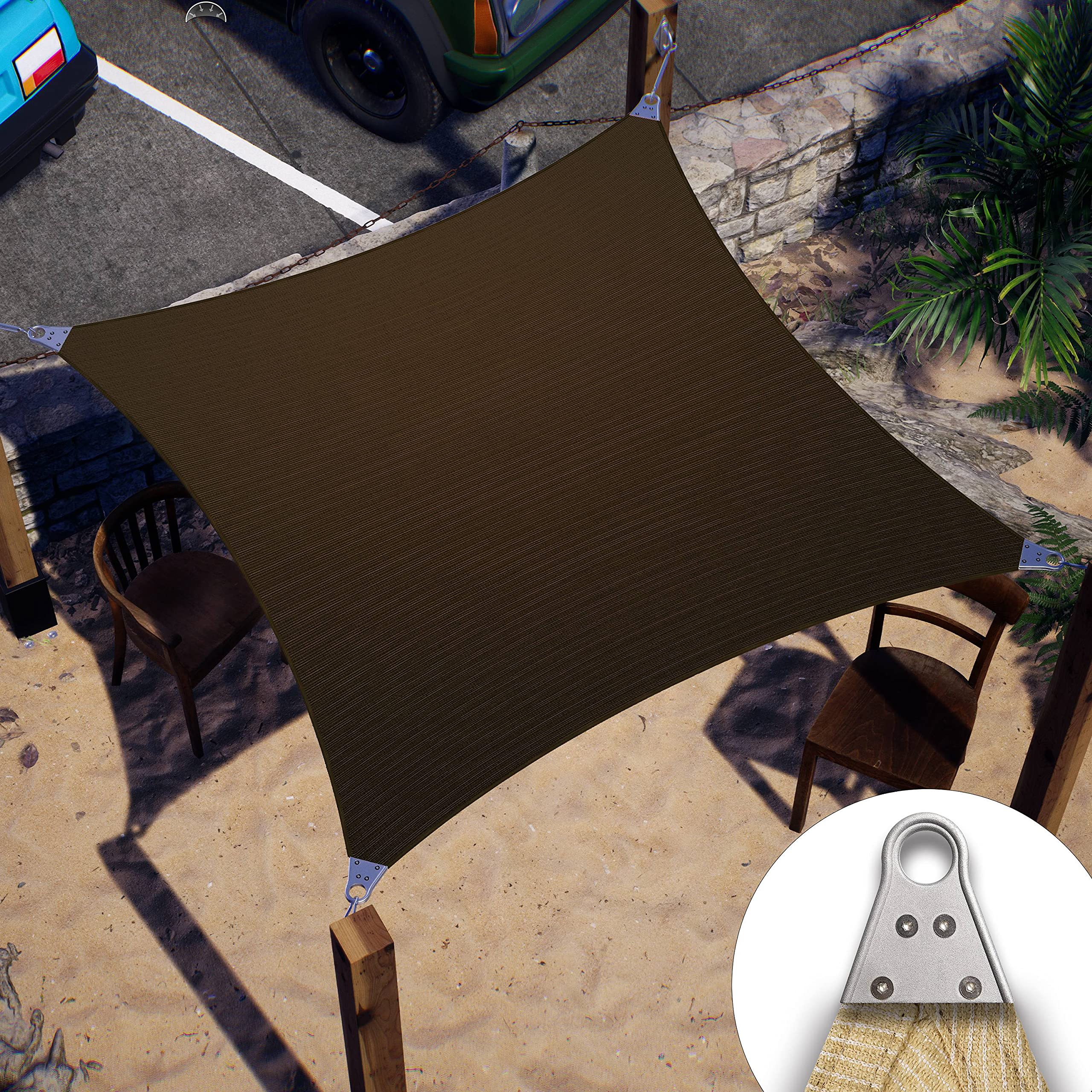 Colourtree Super Ring 16' X 16' Brown Square Sun Shade Sail, Commercial Grade Upf50 Canopy, Reinforced Corners & Edges, 260 Gsm