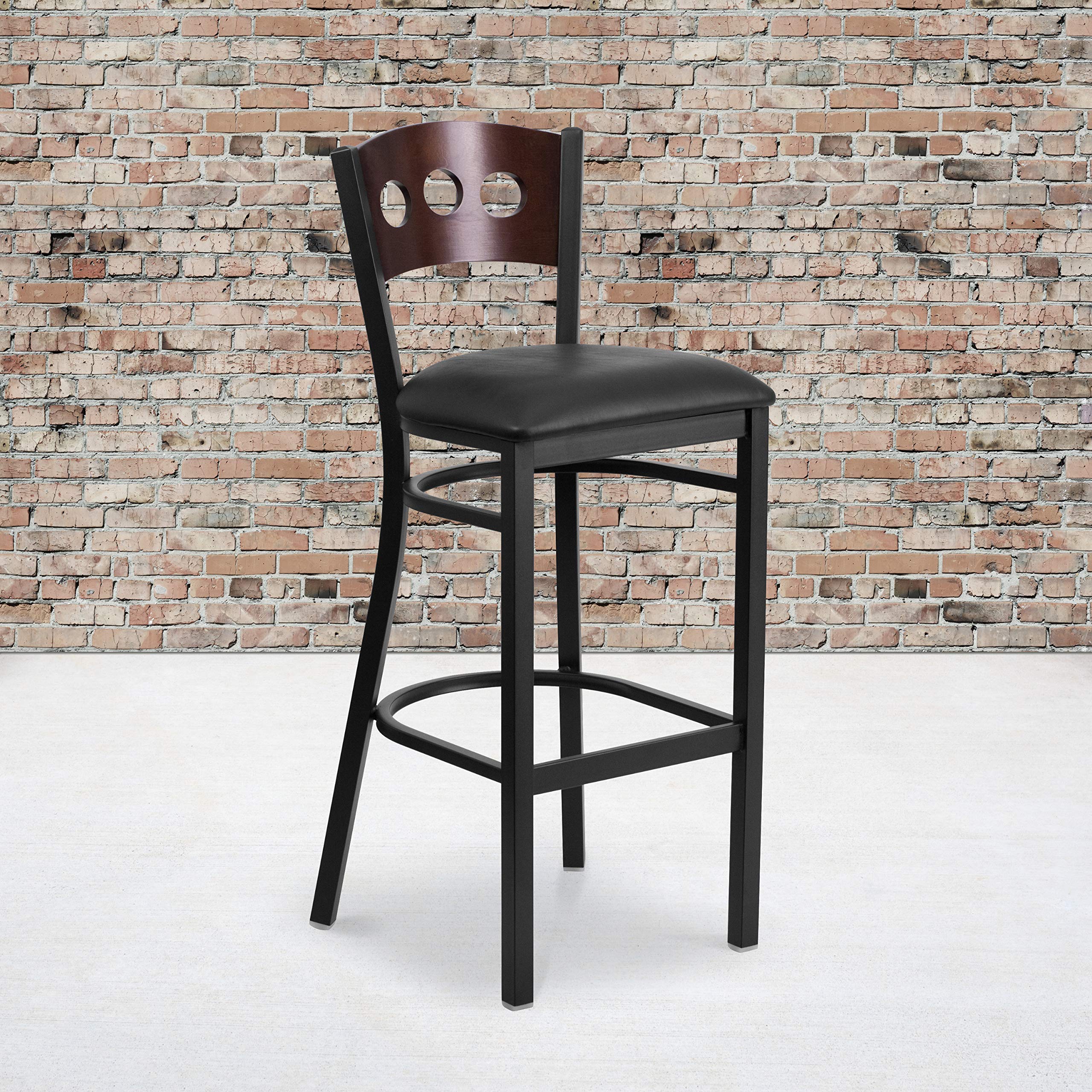 2 Pk. 3 Circle Back Metal Barstool - Walnut Wood Back, Black Vinyl Seat