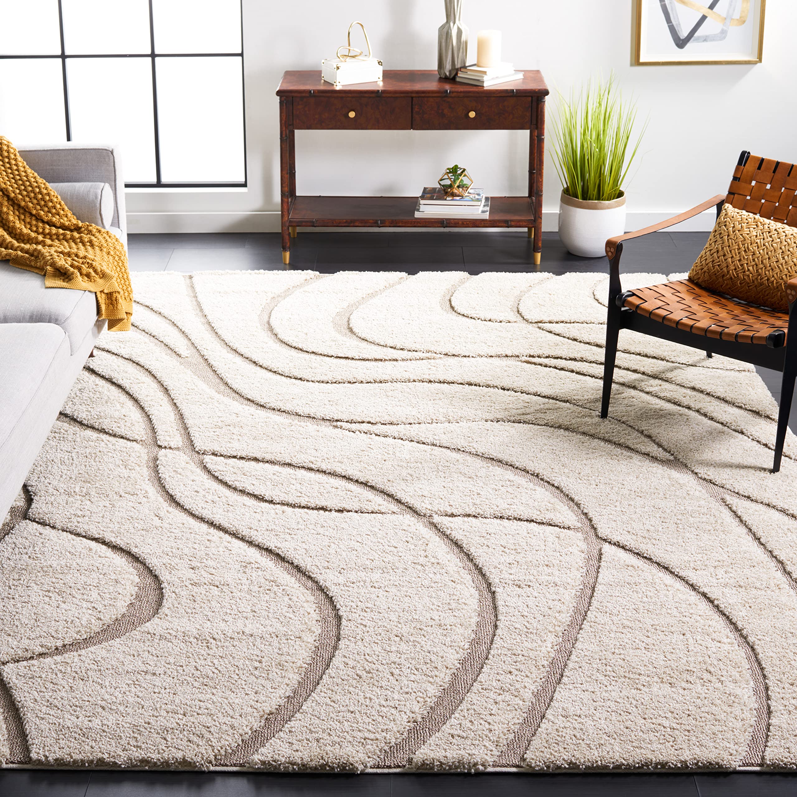 Safavieh Florida Shag Collection 8 Square Cream/Beige SG471 Abstract Wave Non-Shedding Living Room Bedroom 1.2-inch Thick Area 