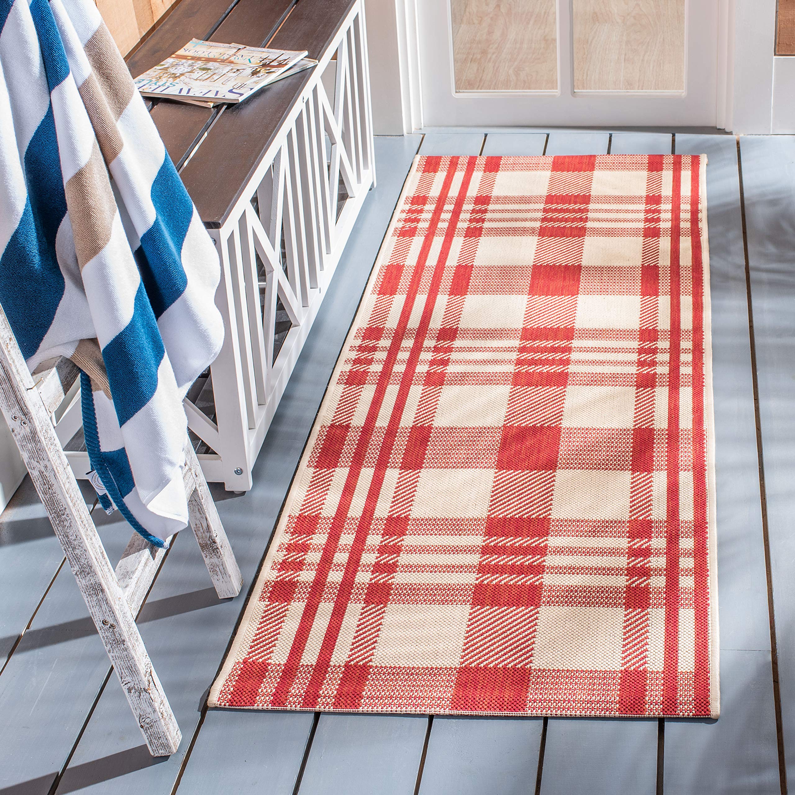 SAFAVIEH Courtyard Collection 23 x 20 Red/Bone CY6201 Plaid Indoor/ Outside Waterproof Easy cleansingPatio Backyard Mudroom Ru