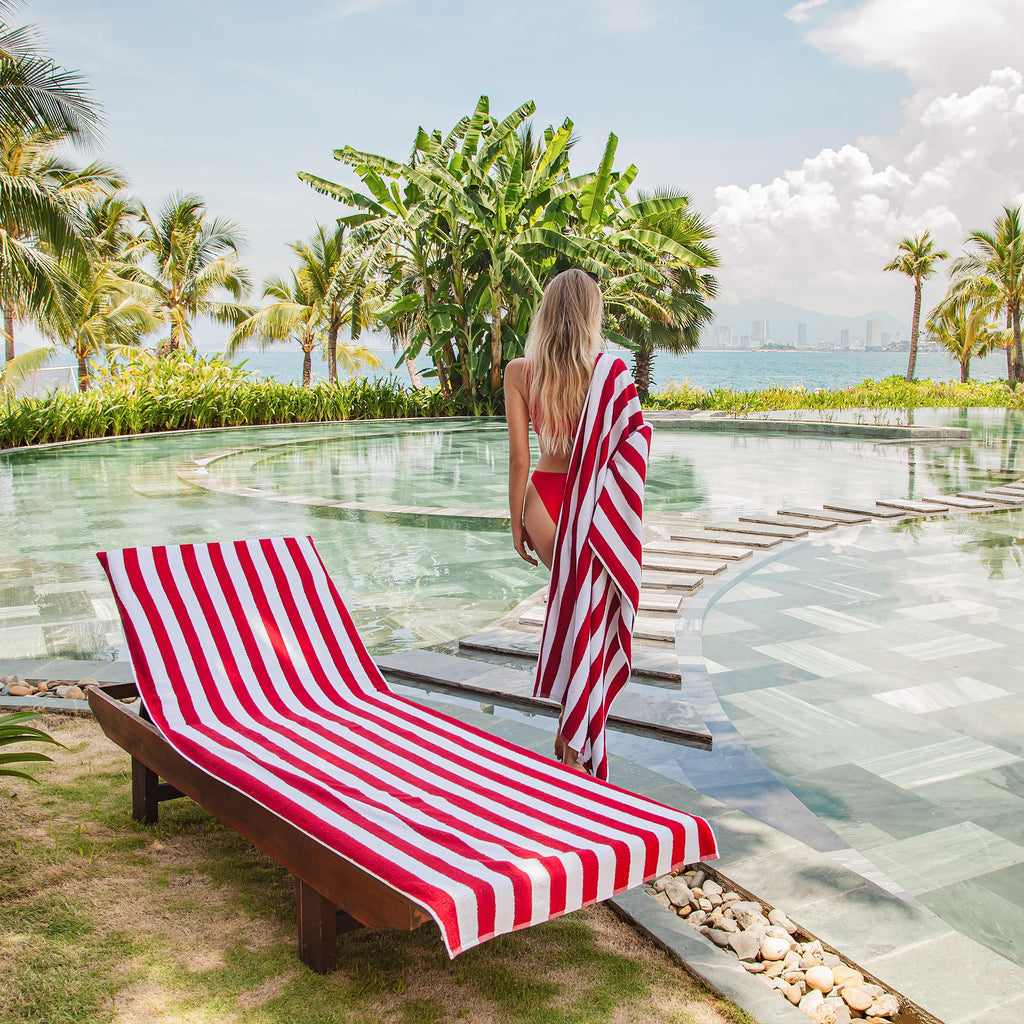 Arkwright California Chaise Lounge Cover - Case Of 12 - Striped Soft Cotton Cabana Towel With Pocket Holder For Beach Pool Outdoor Chair, 30 X 85 In., Red