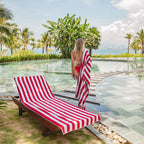 Arkwright California Chaise Lounge Cover - Case Of 12 - Striped Soft Cotton Cabana Towel With Pocket Holder For Beach Pool Outdoor Chair, 30 X 85 In., Red