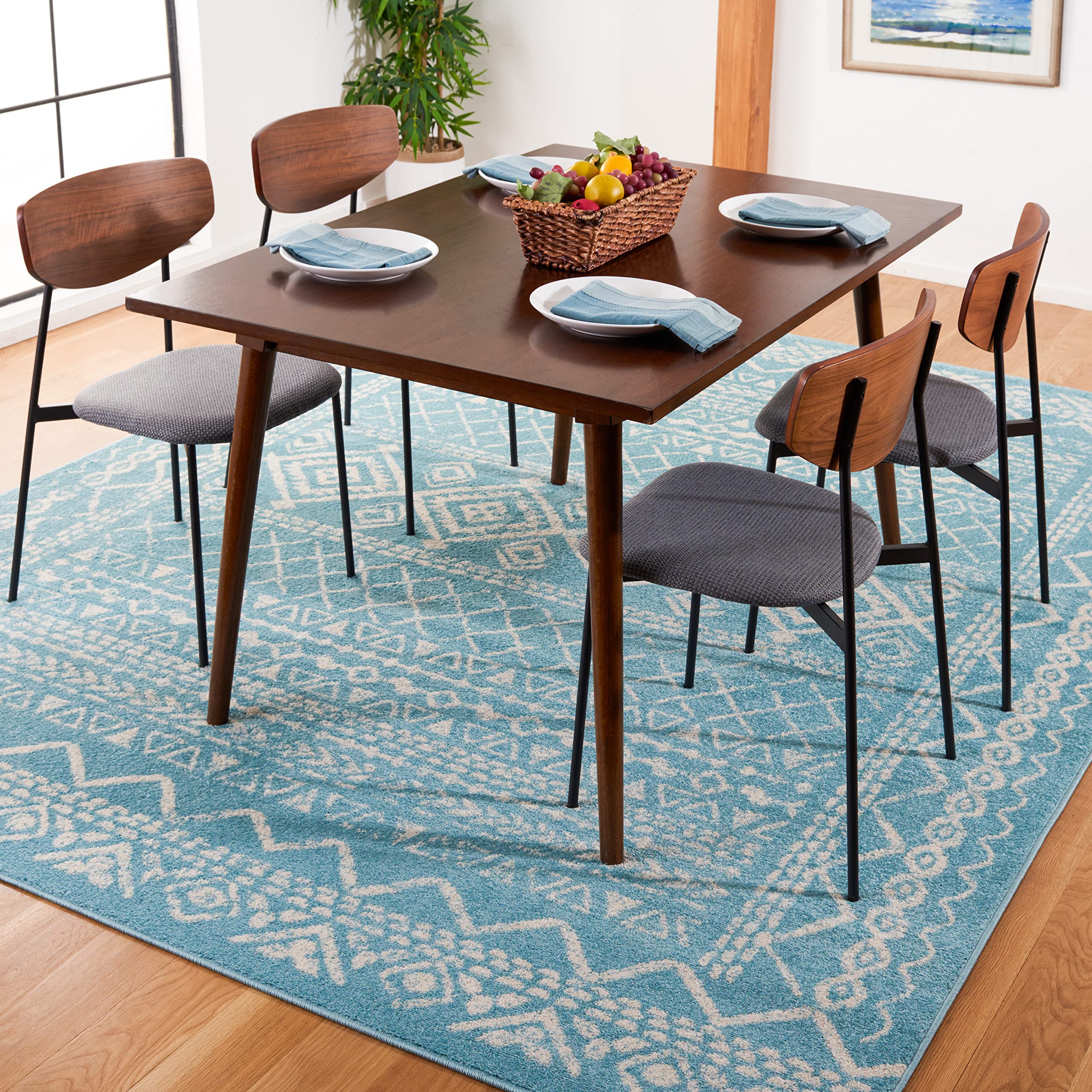 SAFAVIEH Tulum Collection Area Rug - 8 x 10, Turquoise & Ivory, Moroccan Boho Distressed Design, Non-Shedding & Easy Care, Ide