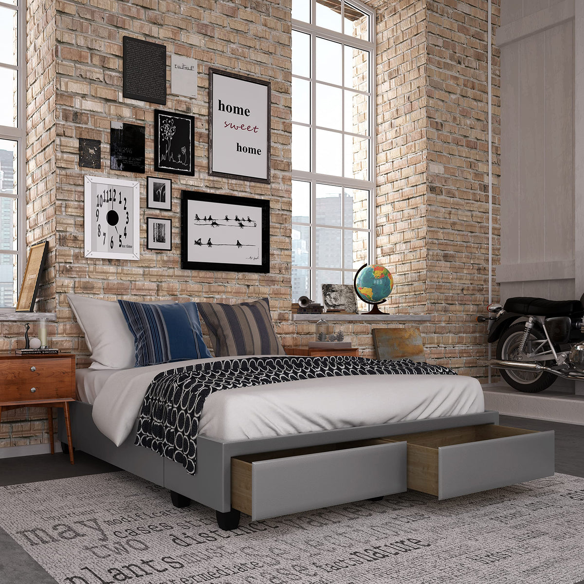 Boyd Sleep Parma Uplift Upholstered Platform Bed Frame Mattress Foundation, Dual Front Storage Drawers, and Strong Wood Slat Supports: Faux Leather, Grey, Full