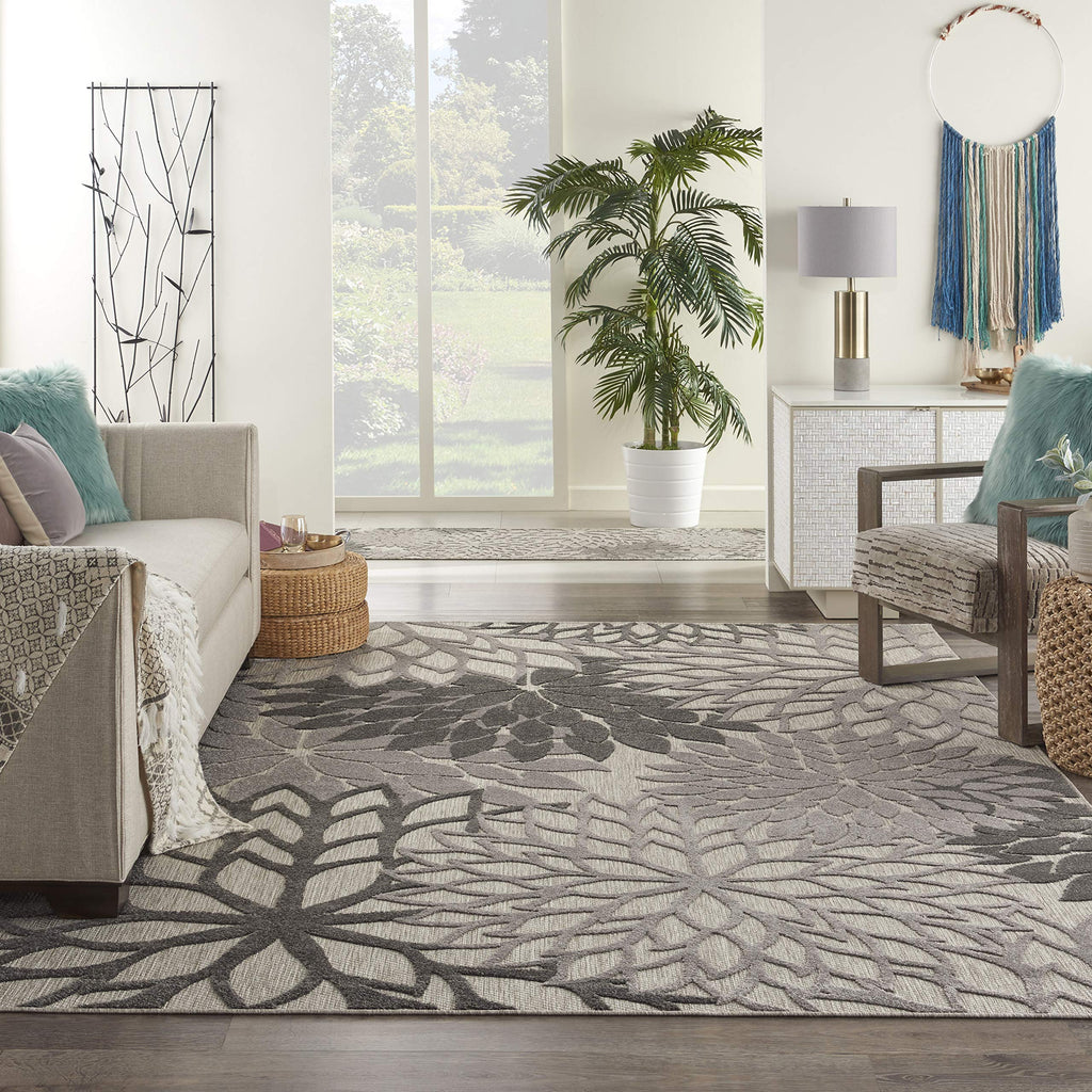 Nourison Aloha Indoor/Outdoor Floral Silver Grey 7'10' X 10'6' Area Rug, (8' X 11')