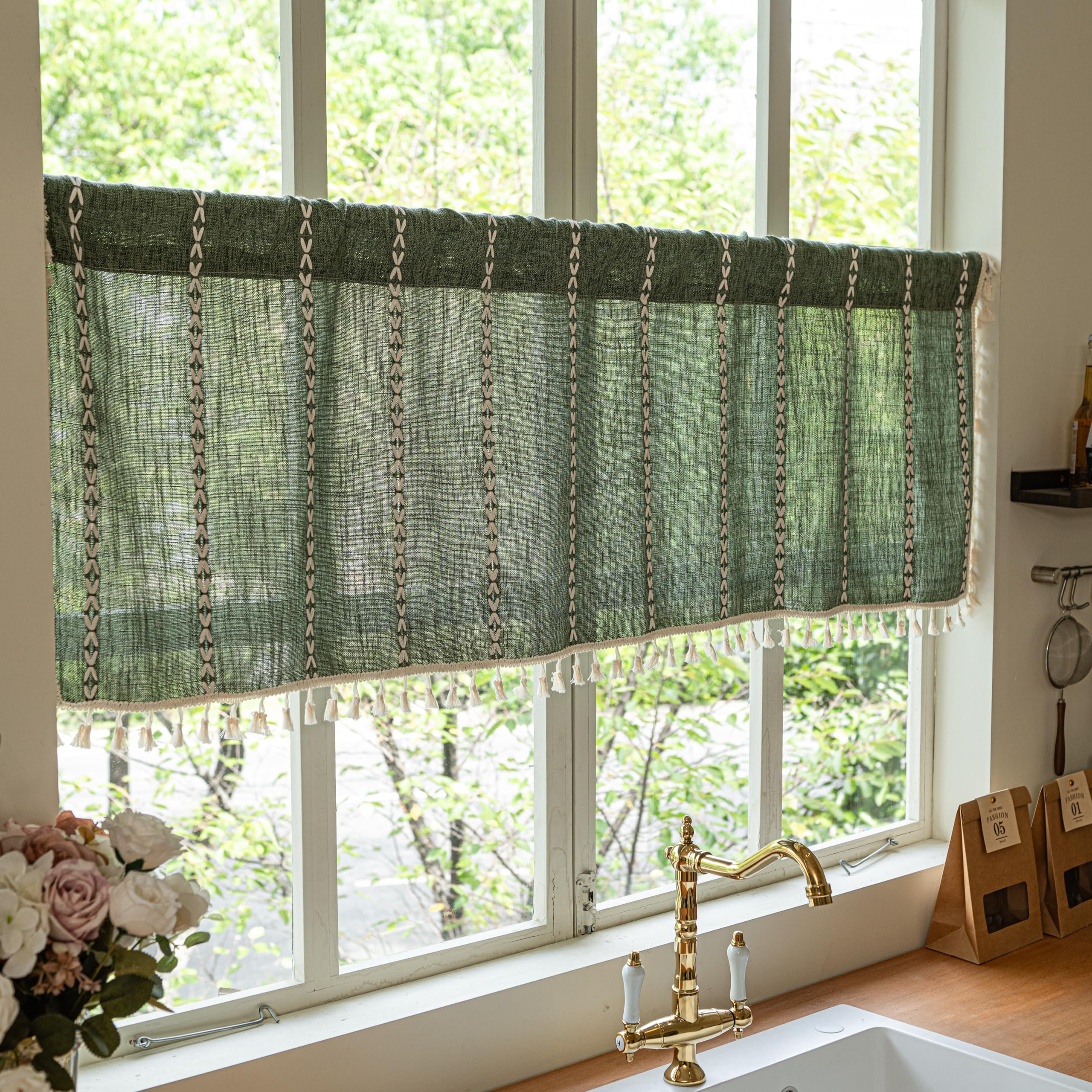 Sutuo Home Boho Valance Short Curtains Tier for Windows Cafe Closet, Bohemian Linen Farmhouse Tassels Light Filtering Window Tre