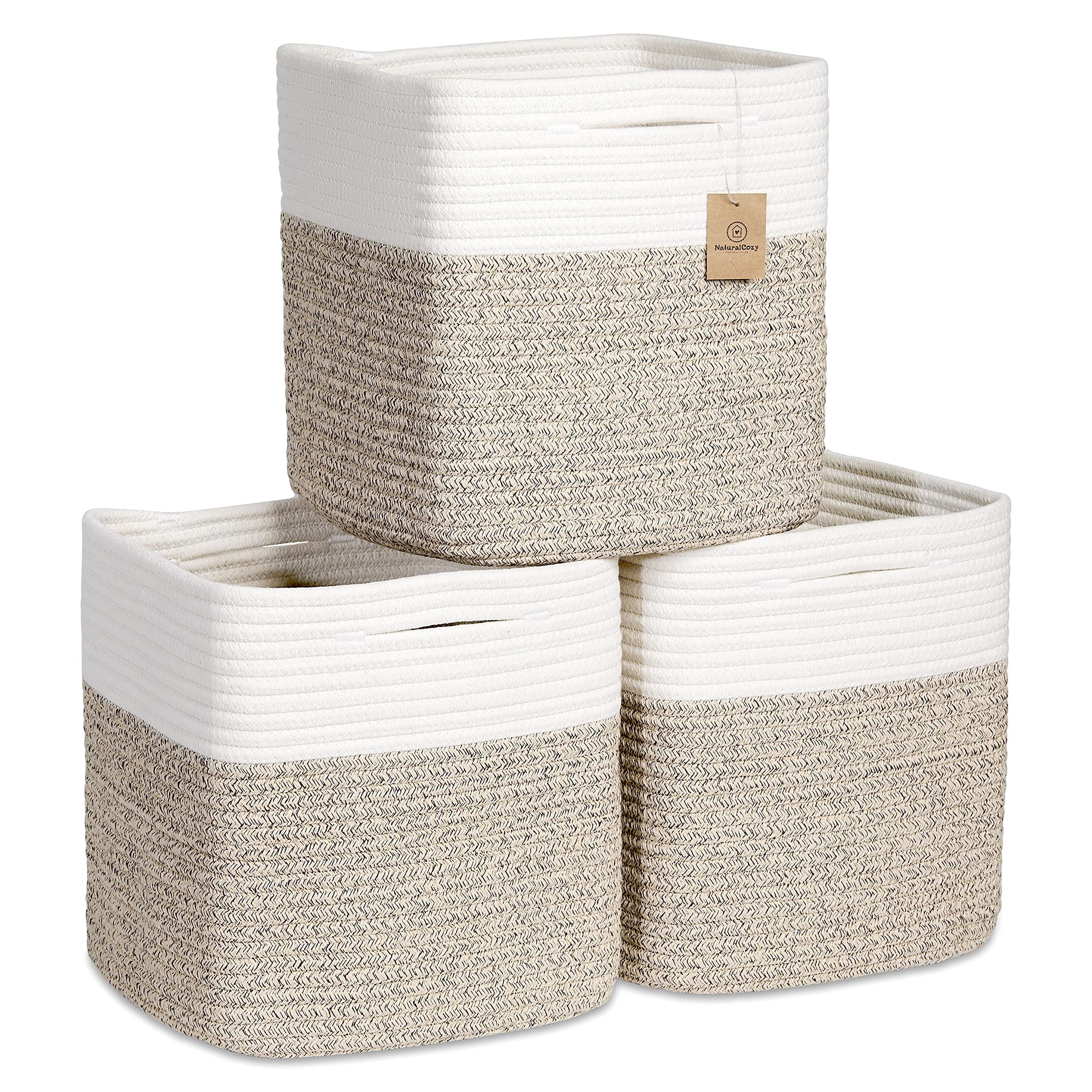 NaturalCozy Storage Cubes 11 Inch Cotton Rope Woven Baskets for Organizing, 3-Pack | Cube Bin Square Shelves Organizer, Classroo