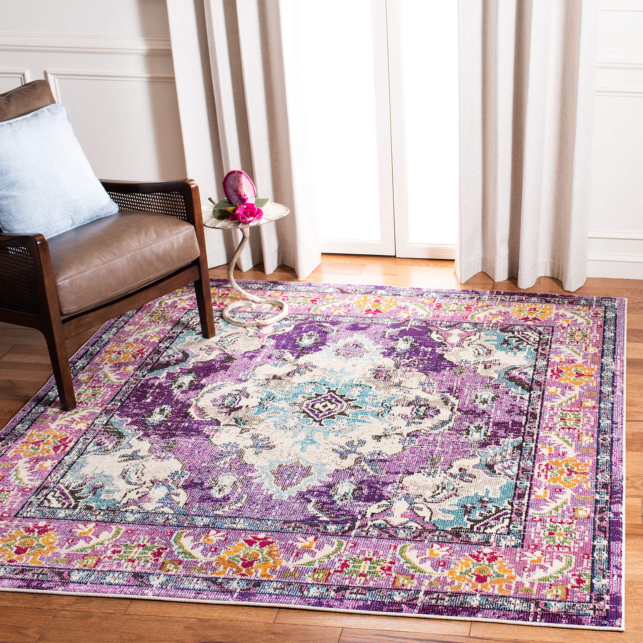 SAFAVIEH Monaco Collection Area Rug - 3 Square, Violet & Light Blue, Boho Chic Medallion Distressed Design, Non-Shedding & Easy
