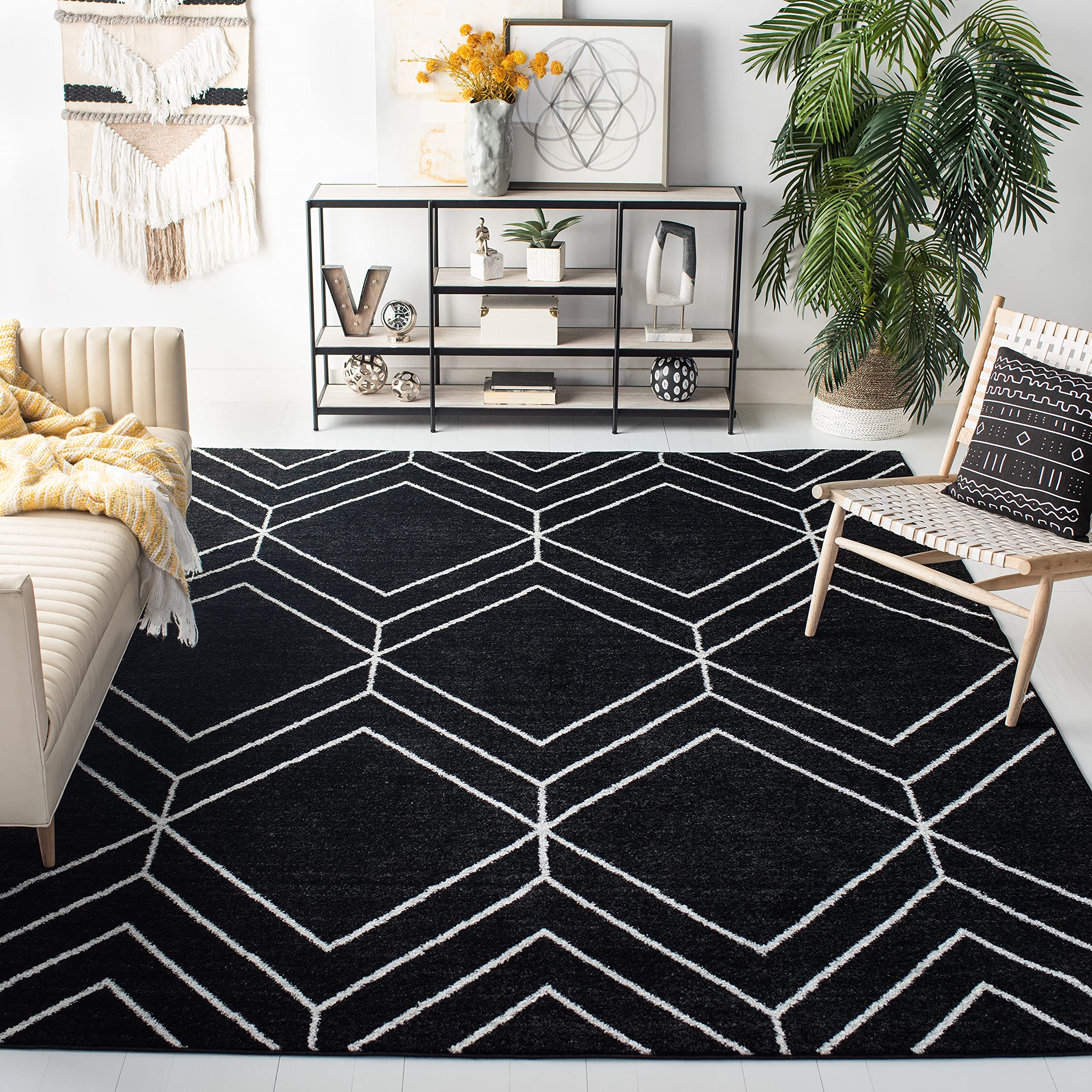 SAFAVIEH Adirondack Collection 4 Square Black/Ivory ADR241Z Modern Geometric Non-Shedding Living Room Bedroom Accent Rug