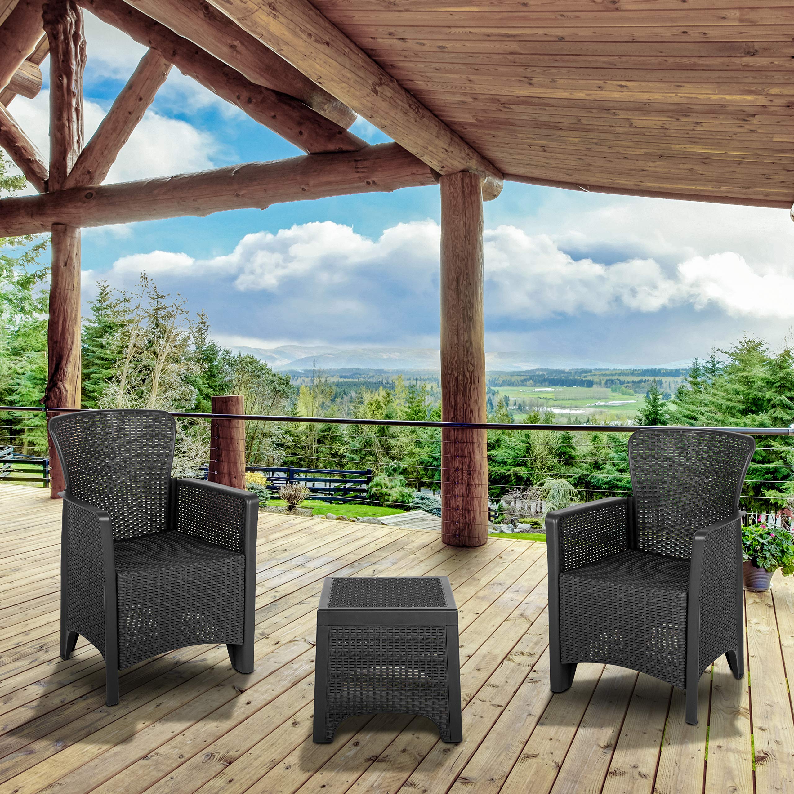 Flash Furniture Seneca Dark Gray Faux Rattan Plastic Chair Set with Matching Side Table