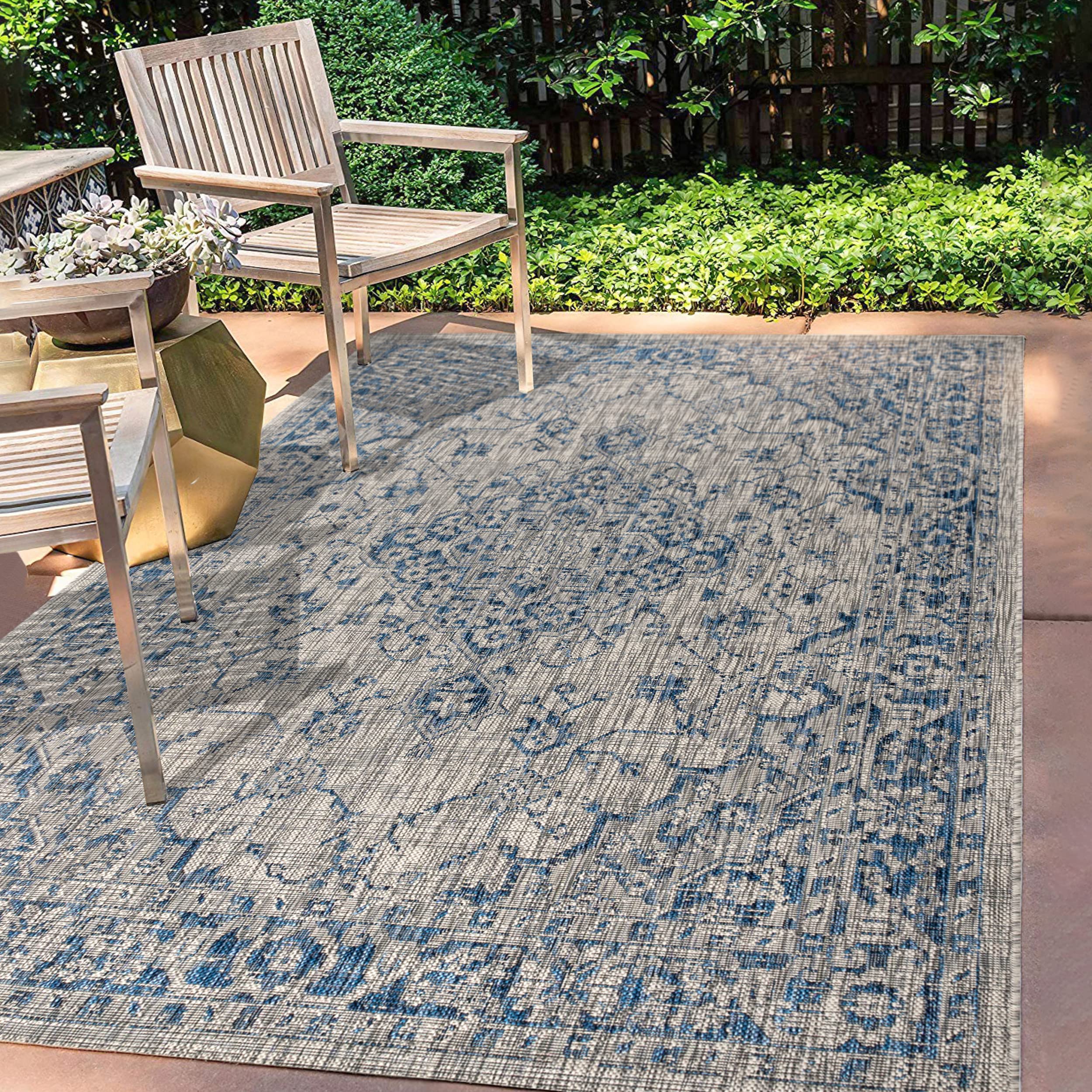 Jonathan Y Smb102B-8 Rozetta Boho Medallion Textured Weave Indoor Outdoor -Area Rug Coastal Bohemian Rustic Glam Easy-Cleaning Bedroom Kitchen Backyard Patio Non Shedding, 8 X 10, Gray/Navy