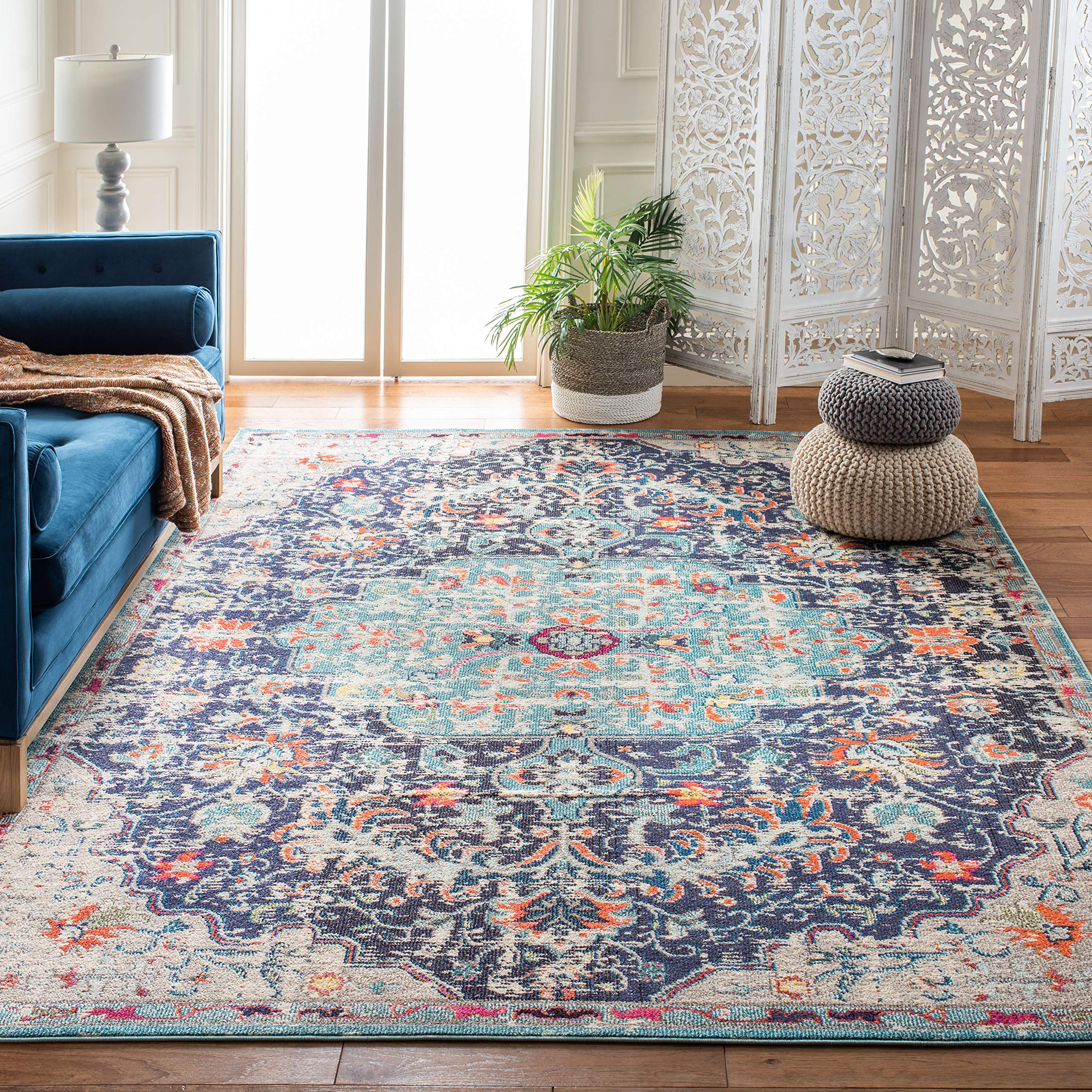 SAFAVIEH Madison Collection 3 Square Black / Teal MAD447Z Boho Chic Medallion Distressed Non-Shedding Living Room Bedroom Accen