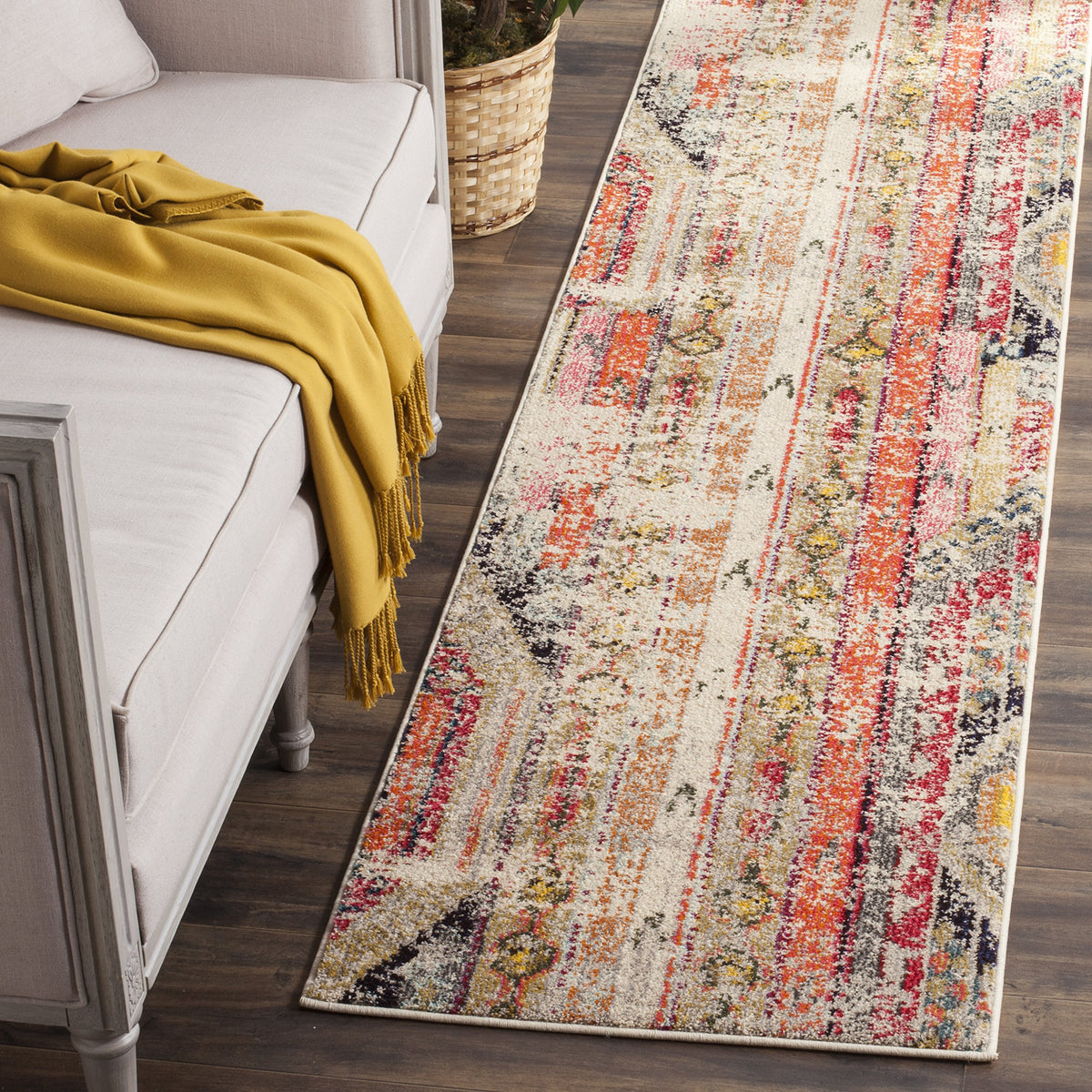 SAFAVIEH Monaco Collection Runner Rug - 22 x 16, Light Grey & Multi, Boho Chic Tribal Distressed Design, Non-Shedding & Easy C