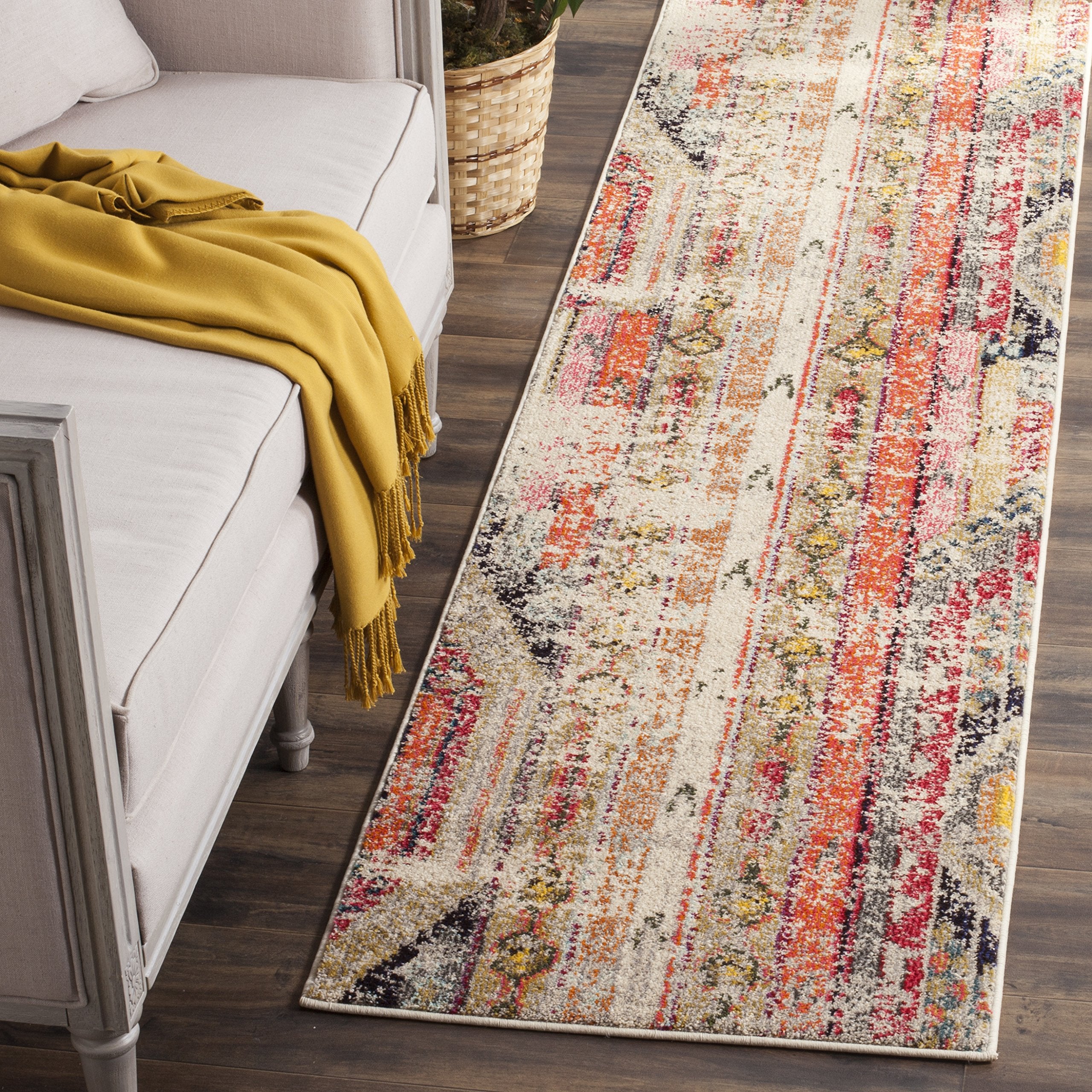 SAFAVIEH Monaco Collection Runner Rug - 22 x 6, Light Grey & Multi, Boho Chic Tribal Distressed Design, Non-Shedding & Easy Ca