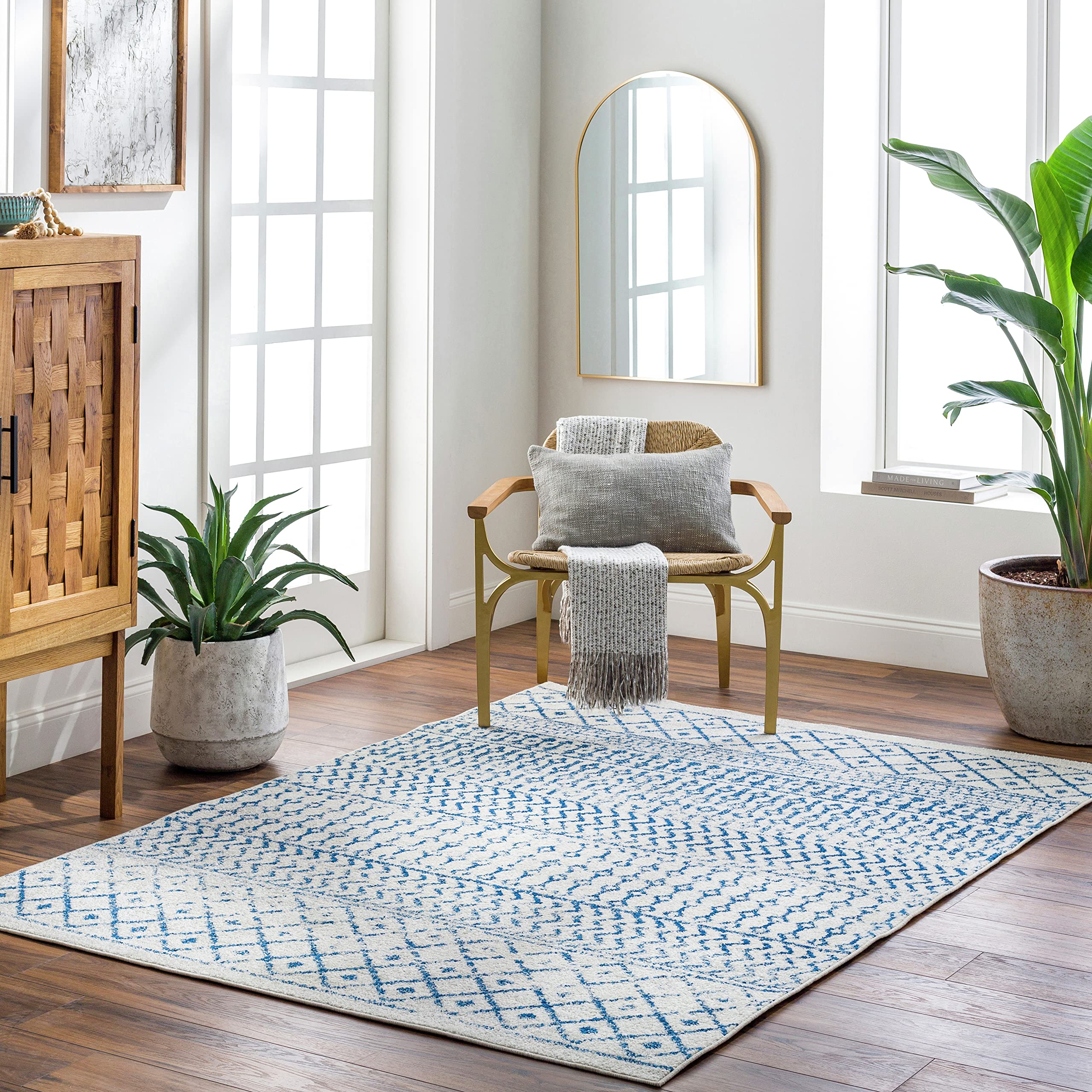 Livabliss Chester Boho Moroccan Area Rug, 12' x 18', Cream/Royal Blue