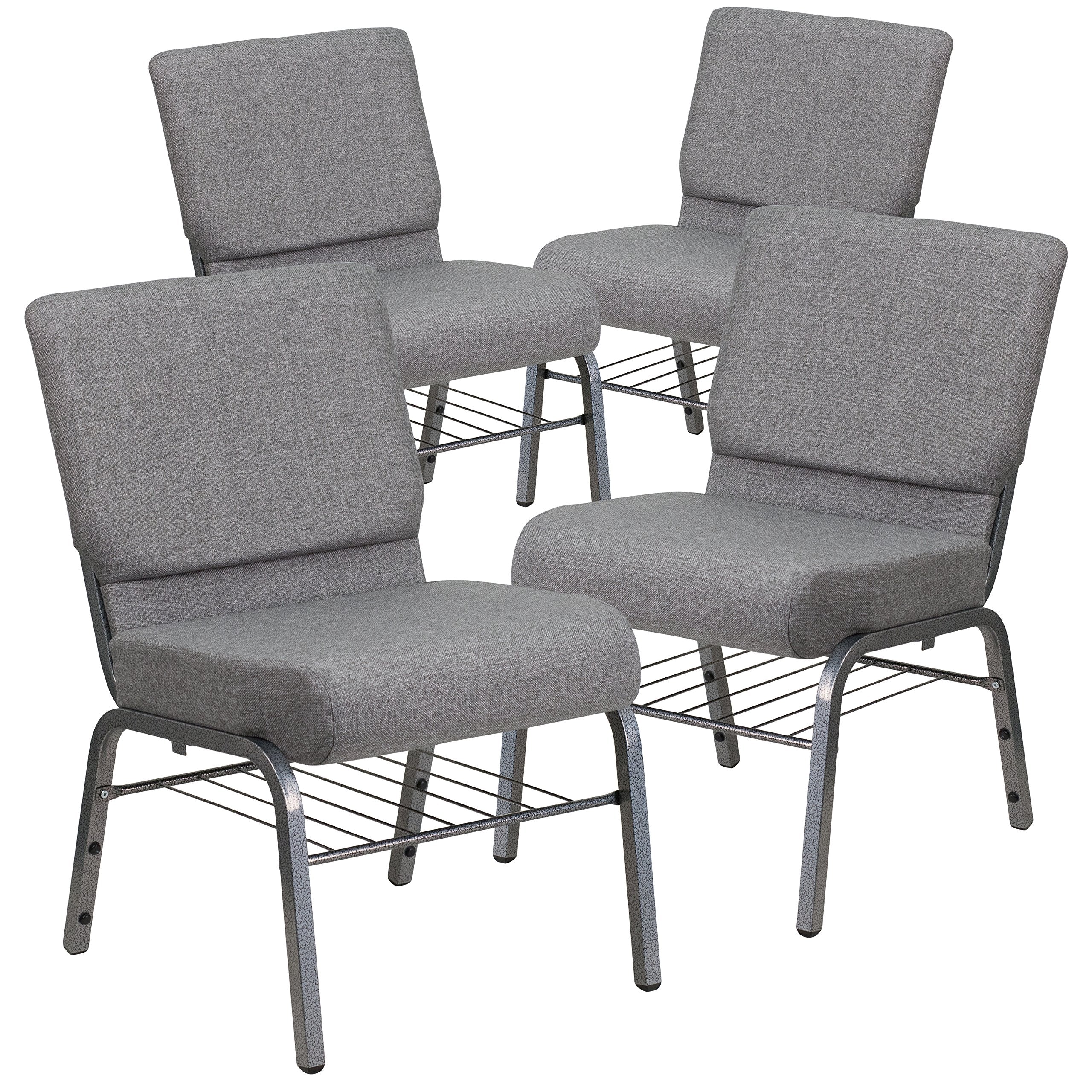 4 Pk. 21 Gray Fabric Church Chair, Book Rack - Silver Vein Frame